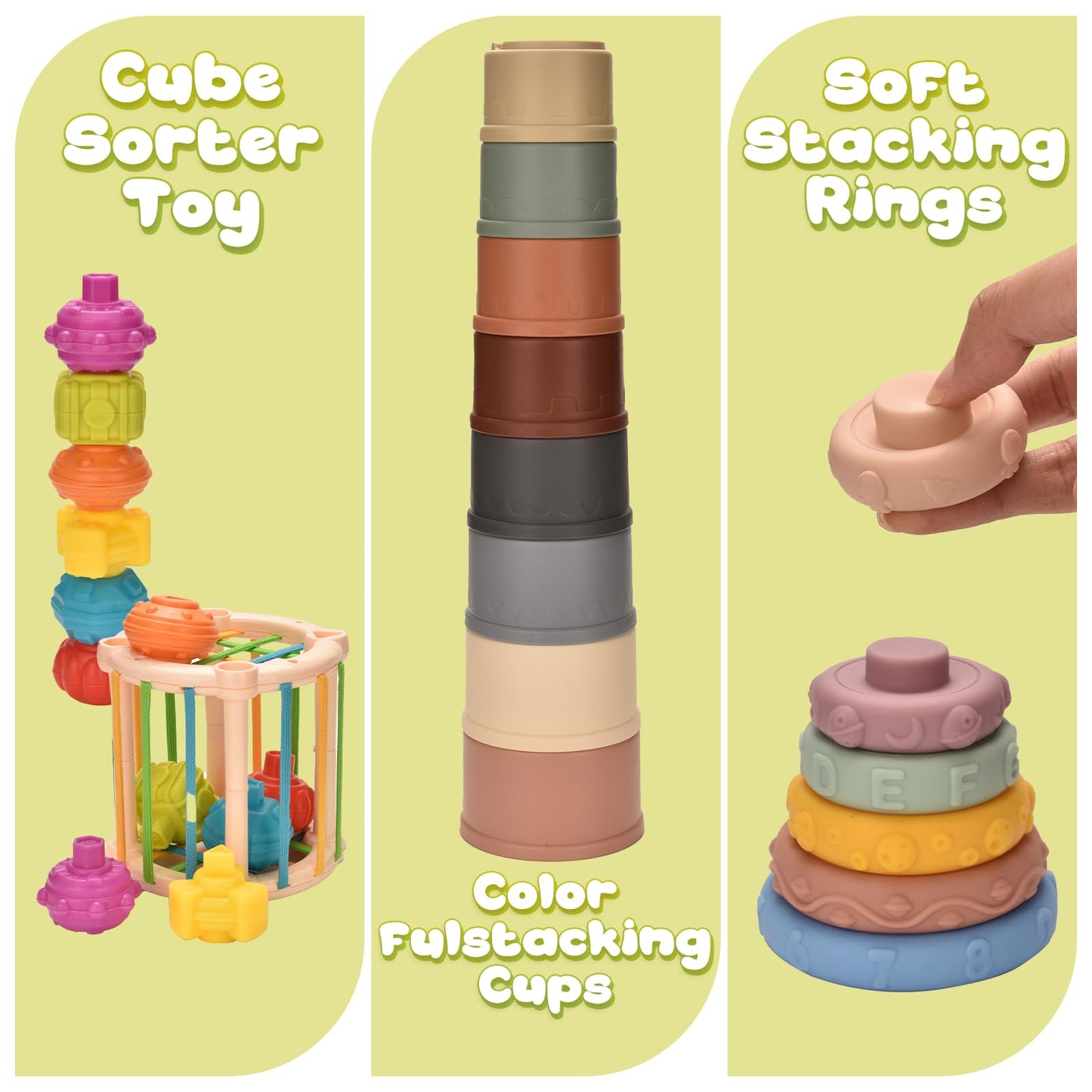 Majabike Baby Toys for 6 to 12 Months,7 in-1 Montessori Sensory Toys for Toddlers 1-3,Baby Blocks, Stacking Blocks Rings, Matching Eggs, Suction Cup Spinner,Stacking Cups, for Toddler Gift