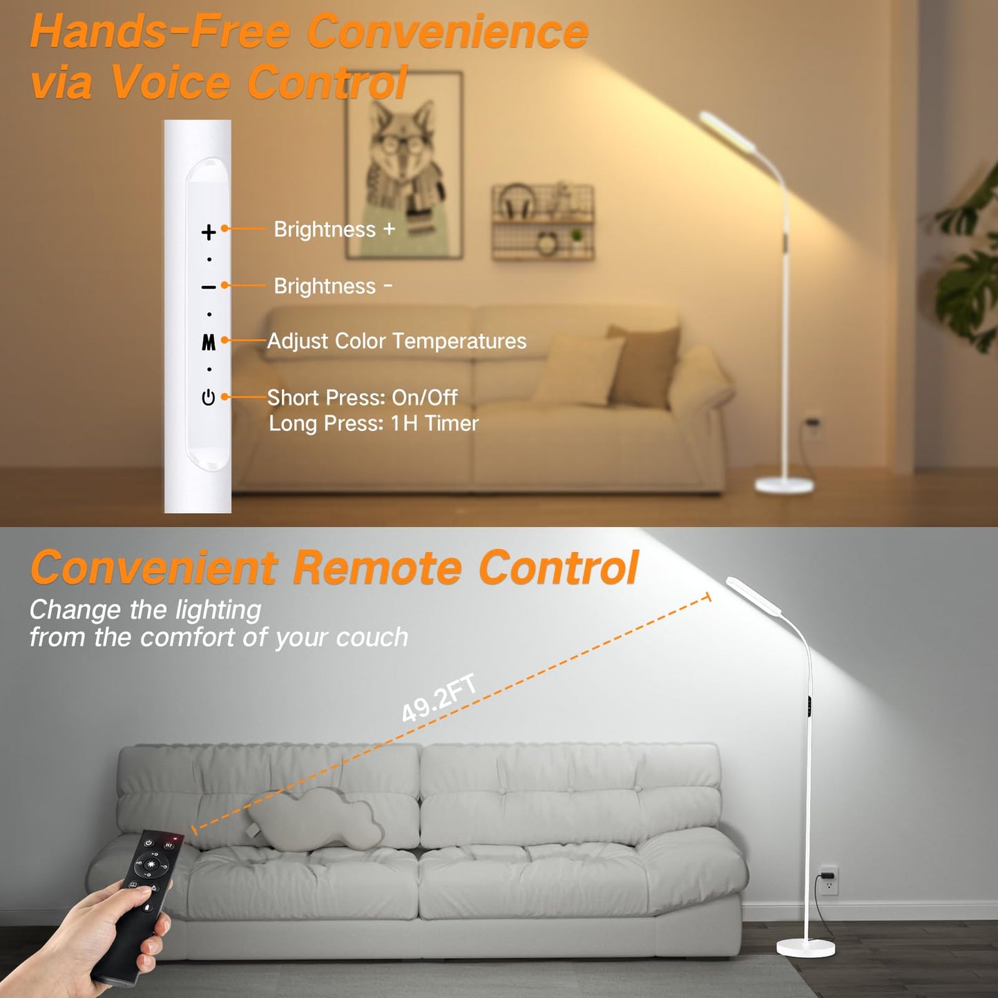 OUTON LED Floor Lamp 15W 1500LM, Dimmable Modern Standing Lamp with 4 Color Temperature, Remote & Touch Control, 1 Hour Timer, Adjustable Gooseneck for Reading Living Room Bedroom Office, White