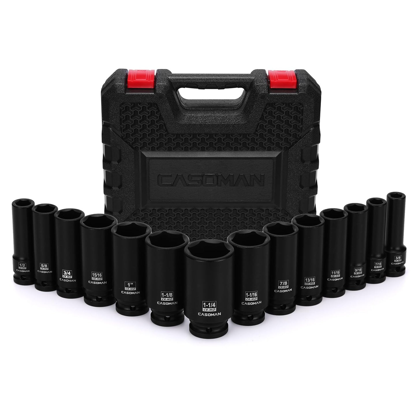 CASOMAN 14PCS 1/2" Drive Deep Impact Socket Set, SAE, 6-Point, CR-MO, 3/8" to 1-1/4", for Auto Repair, Mechanic, with Portable Case, Easy-to-Read Size Markings, Rugged Construction