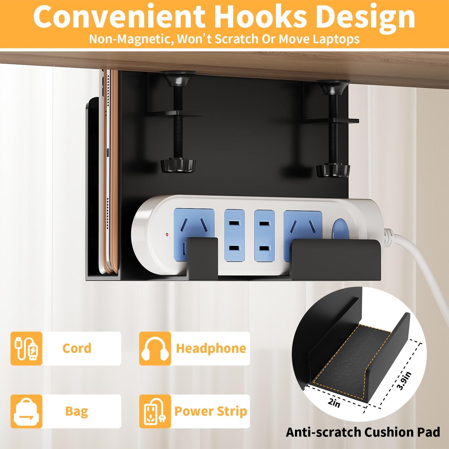 ROLIZOE 3 in 1 Desk Side Storage No Drilling Under Desk Laptop Holder with Headphone Hook & Cable Management Tray, Under Desk Storage Steel Clamp Anti-Slip Magazine File Holder for Desk Accessories
