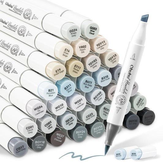 Ohuhu Grayscale Alcohol Markers Brush Tip- Double Tipped Alcohol Based Art Marker Set for Artist Adults Coloring Illustration Shading Layering- 36 Grey-tone Colors- Chisel& Brush- Honolulu