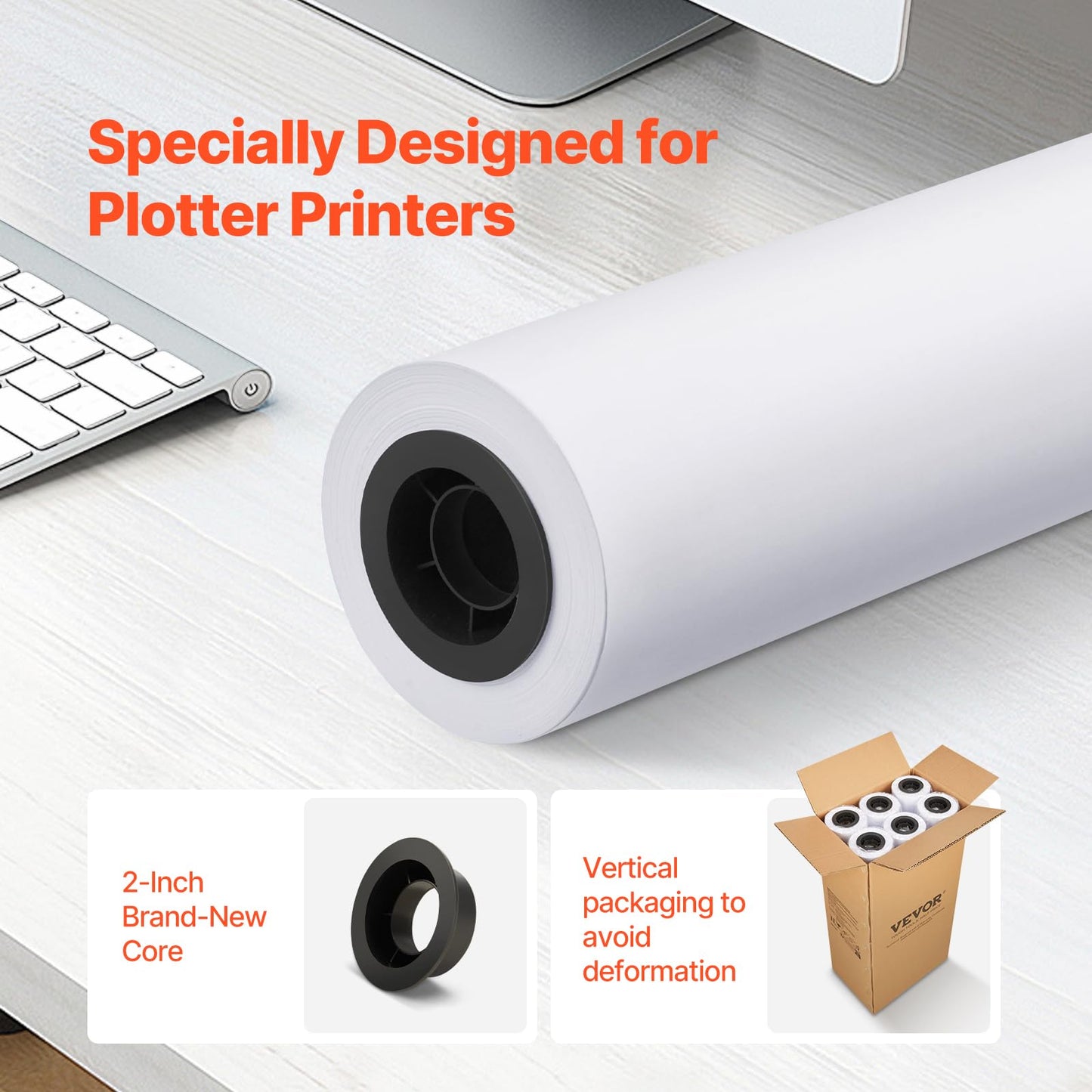 VEVOR Wide Format Paper, 24 in x 150 ft Plotter Paper, 4 Rolls CAD Bond Rolls with 2 in Core, 20 LB Bond Paper Rolls, Idea for CAD Drawings, Engineering Plans, GIS Maps & Architectural Designs