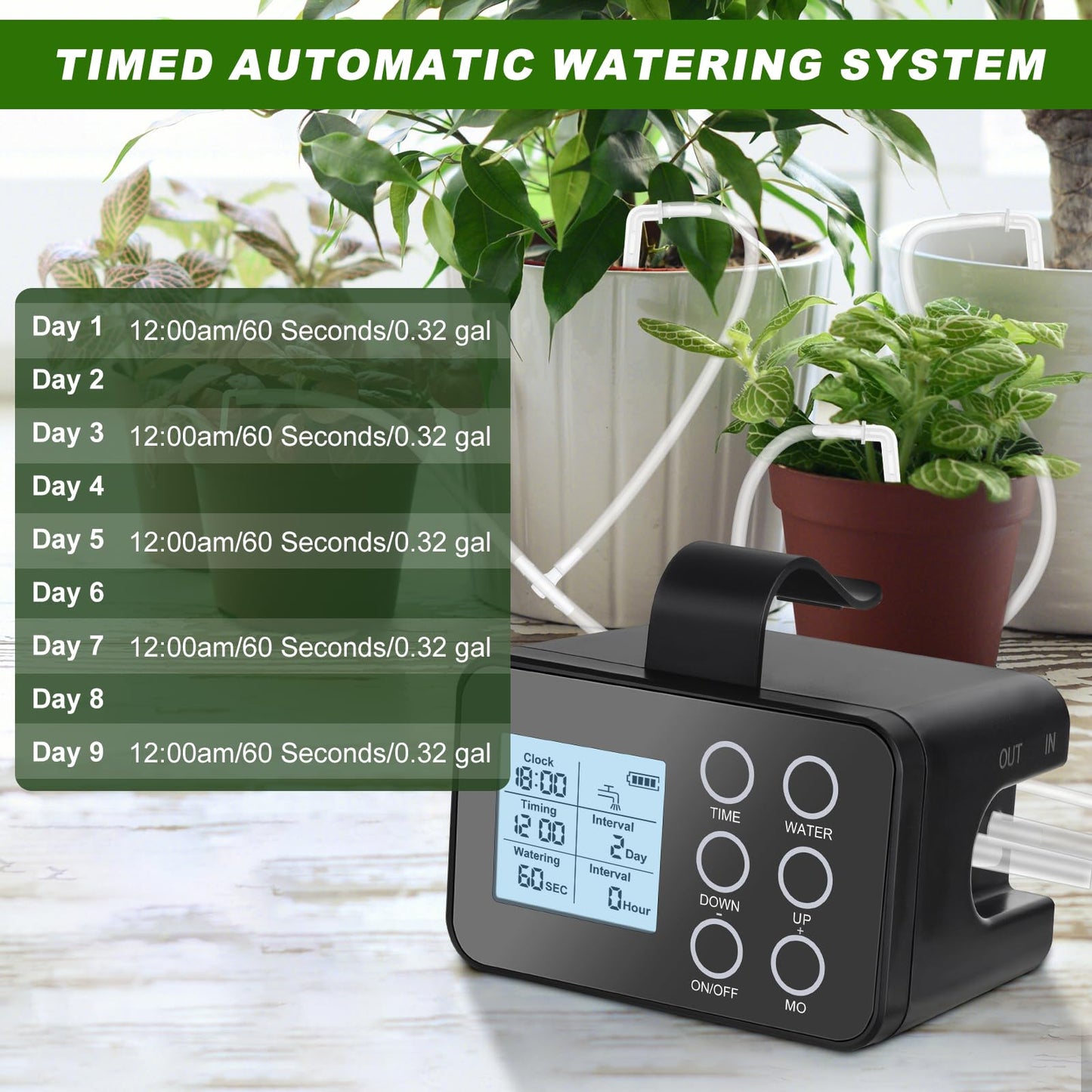 Automatic Plant Watering System for 15 Pots, [Upgraded] Tipkook Programmable Indoor/Outdoor Drip Irrigation System with LCD Touchscreen,1-300s Watering Timer, Vacation Garden Watering System