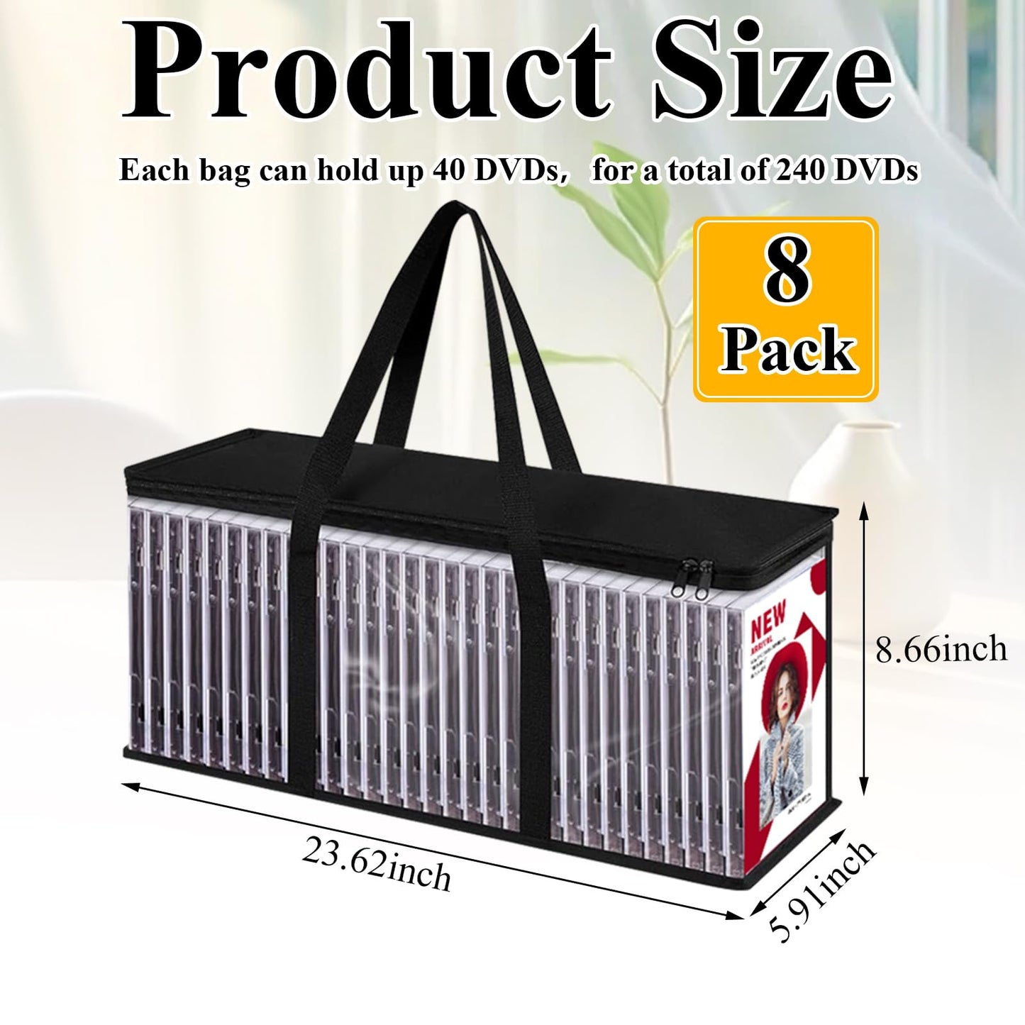 QTLCOHD 8 Pack DVD Storage Bags, Black Media Organizer Bag for DVDs, CDs, Blu Ray Disc, Video Game Disks, Movie Cases, VHS Box, Clear Plastic Holders with Carrying Handles and Zipper