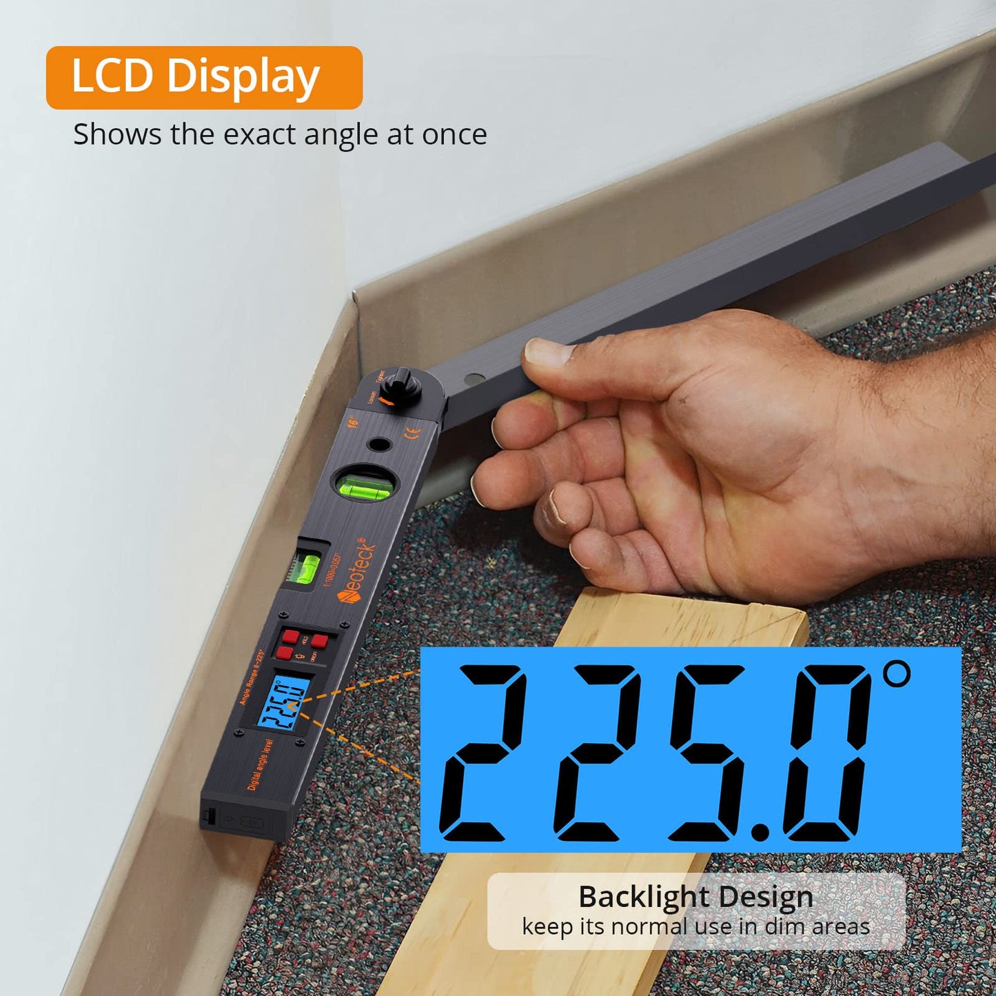 Neoteck Aluminum Angle Finder 225° 16 inch Digital Protractor Angle Ruler LCD Backlight Digital Angle Measuring Tool with Horizontal&Vertical Bubble for Woodworking Construction DIY