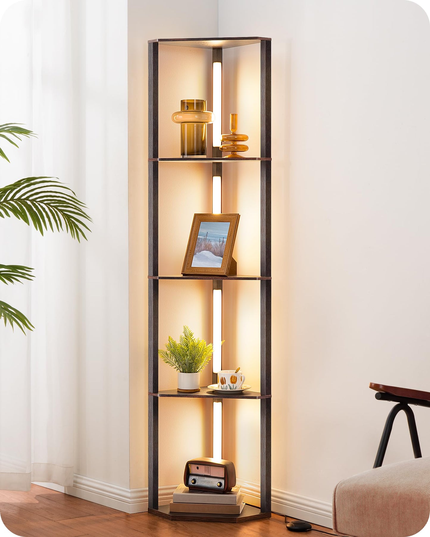 EDISHINE 64" Corner Shelf Floor Lamp for Living Room, Modern LED Corner Light with Shelves, 3CCT, Stepless Dimmable Tall Floor Light for Bedroom, Office, Dining Room, 3000K 4000K 5000K, Black Walnut