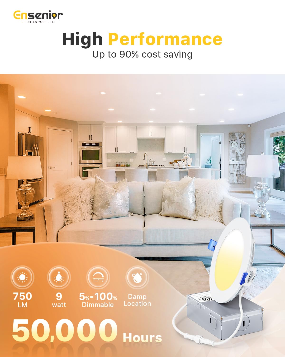 Ensenior 4Inch LED Recessed Slim Pot Light with Junction Box, 5000K, 9W 75W Eqv, Dimmable IC-Rated Ceiling Lighting, 750LM High Brightness - ETL and Energy Star Certified (6 Pack, Cool White)