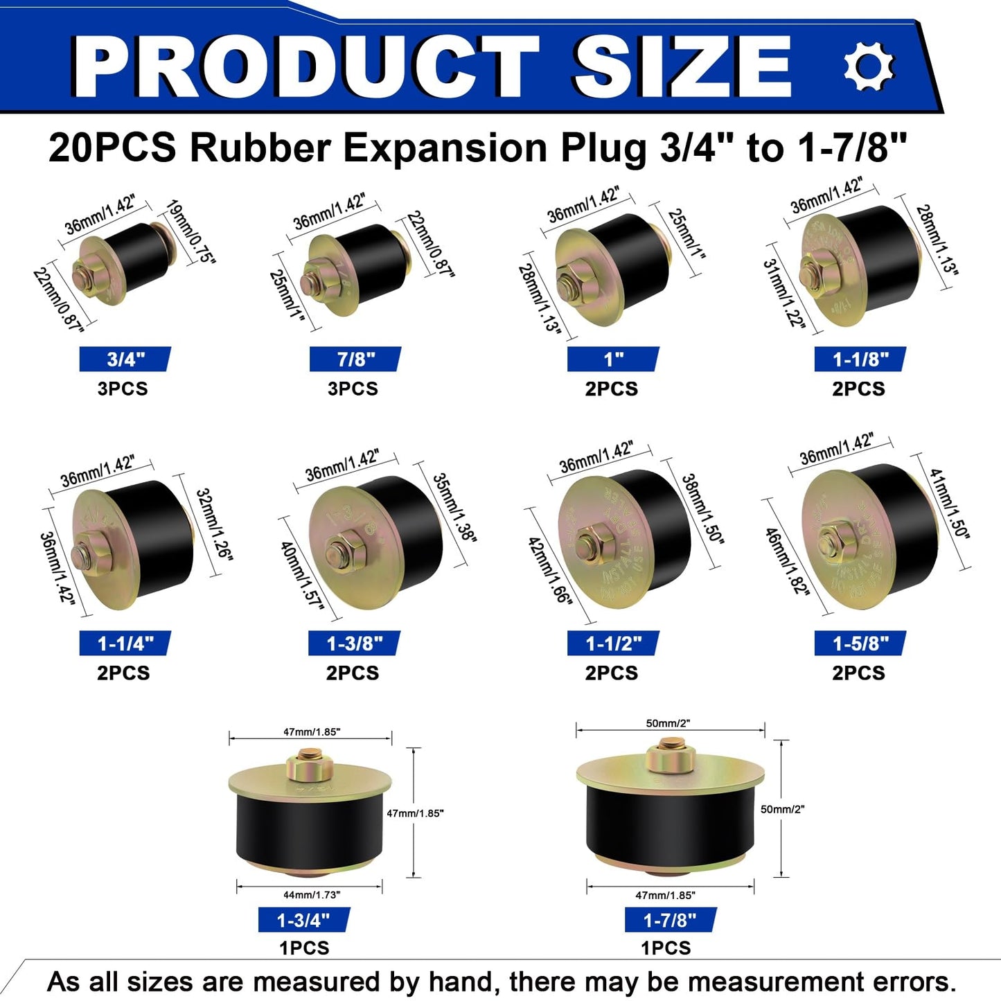 Daptemn 20PCS Expansion Freeze Rubber Plugs Kit, 10 Sizes Automotive Engine Rubber Expandable Freeze Plugs Fit Hole 3/4" 7/8" 1" 1-1/8" 1-1/4" 1-3/8" 1-1/2" 1-5/8" 1-3/4" 1-7/8"