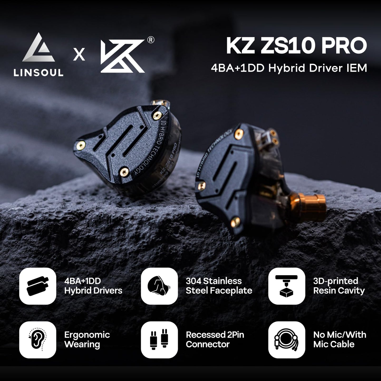 Linsoul KZ ZS10 Pro, 4BA+1DD 5 Driver in Ear Monitor, HiFi Wired Earbuds, Gaming Earbuds, Hybrid IEM Earphones with Stainless Steel Faceplate, Recessed 2 Pin Detachable Cable (with Mic, Dark Black)