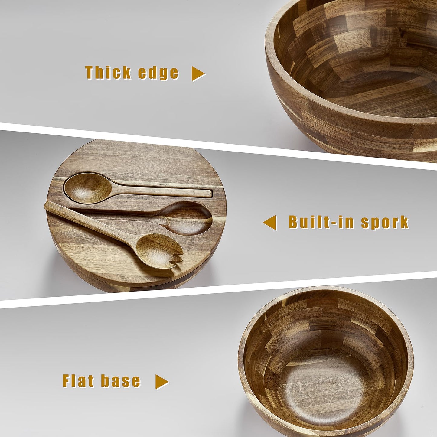 12'' Wooden Salad Bowl Large Wood Salad Bowl with Lid Acacia Wood Salad Bowls Set Mixing Bowl Serving Bowl with Servers for Salads, Pasta, Fruit, Dessert