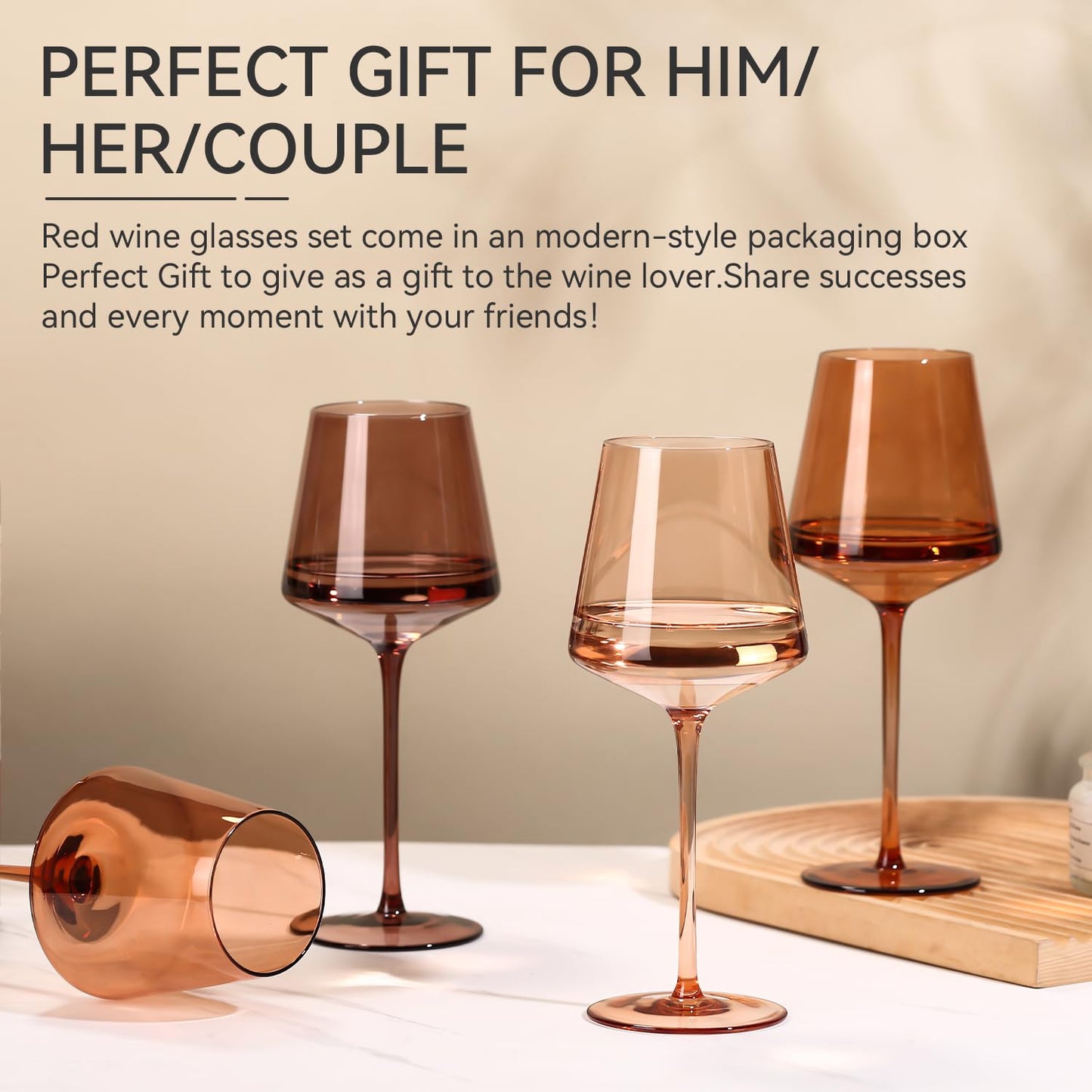 Venus Wine Glasses Set of 6-18oz【Hand Blown】 Crystal Amber Stemmed Wine Glasses-Brown Wine Glass Set for Fall Autumn Winter Wine Dinner
