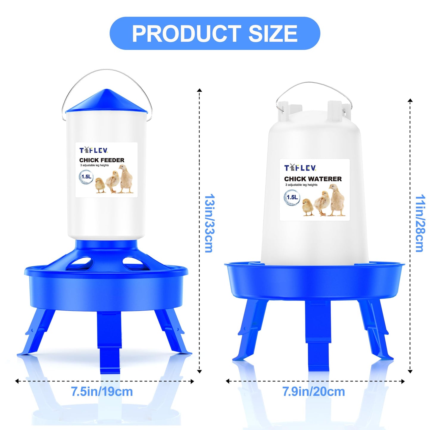Tiflev Top Filling Chicks Feeder and Waterer Set with Scoop, 1.5L Chick Feeder and 1.5L Chick Waterer with 3 Heights Adjustable Legs for Chicks