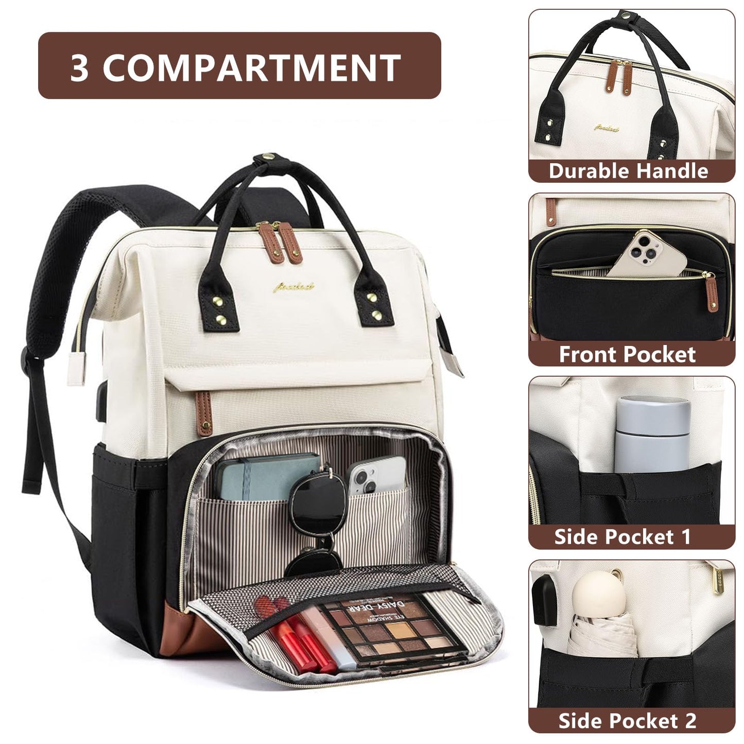 Laptop Backpack for Women Bag: 15.6 inch Work Travel Backpack with USB Charger College Bookbag Business Computer Backpack Anti-theft Casual Backpacks for Nurse Teacher Beige Black Brown