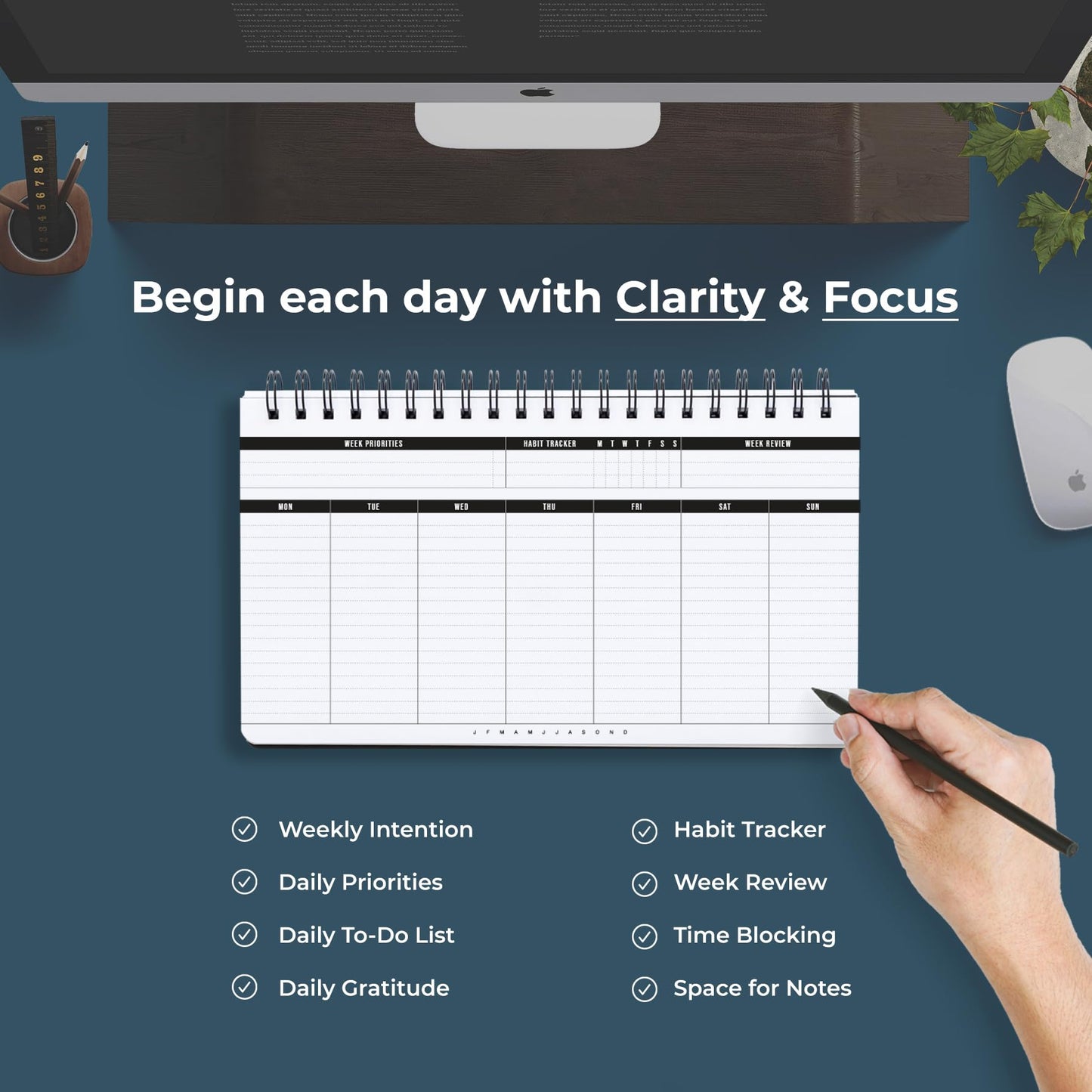 2026 Weekly Planner | Undated Daily Monthly Productivity Pad with Habit Tracker, Weekly To Do List & Free Pen | Spiral-Bound Desk Organizer Notepad for Adhd, Work, College & Home | Lasts 1 Full Year