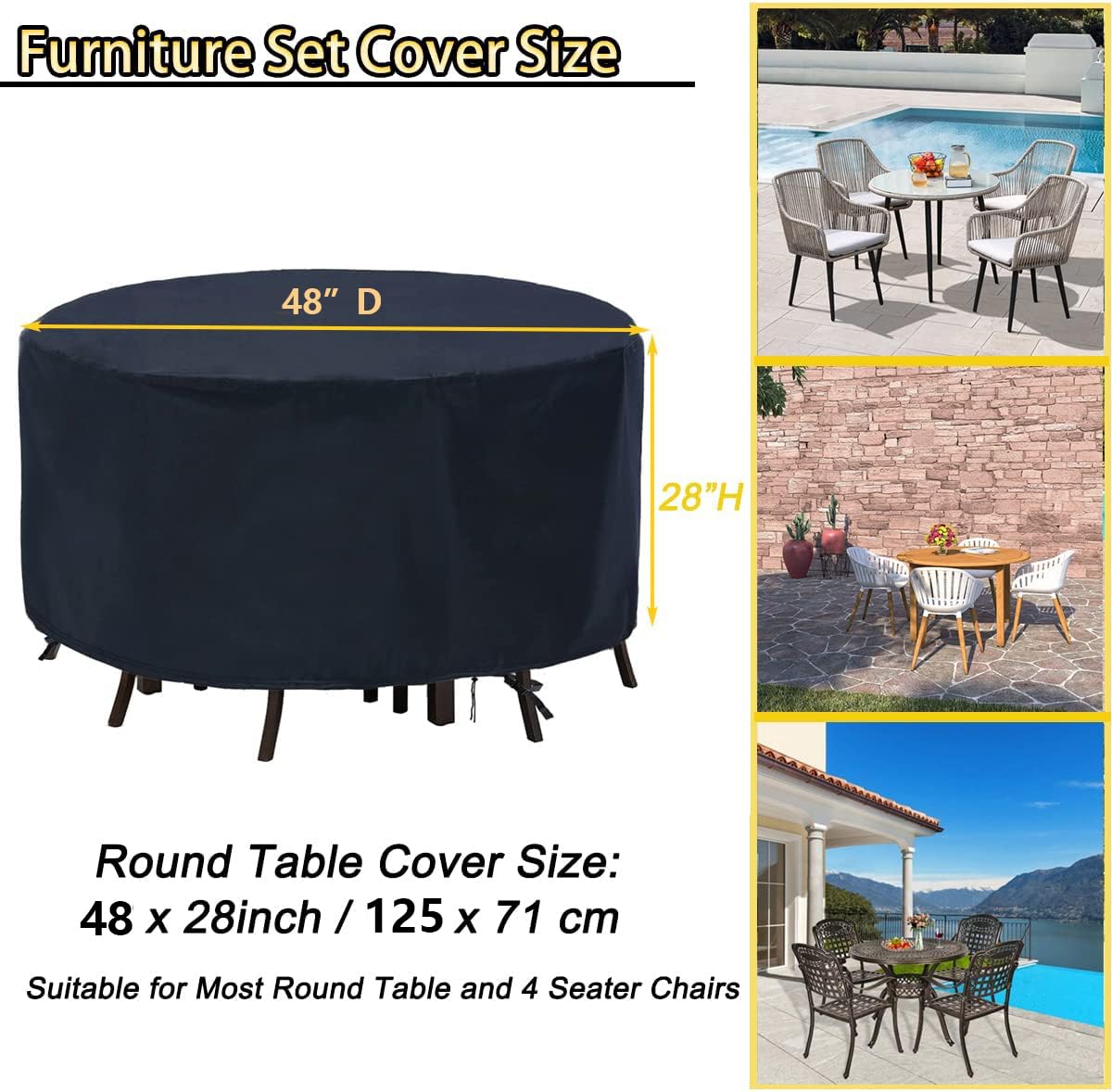 POMER Patio Furniture Covers, 48inch Round Bar Height Table Chair Set Cover Waterproof Outdoor Table Cover for Garden Furniture Set - 48" D x 28" H
