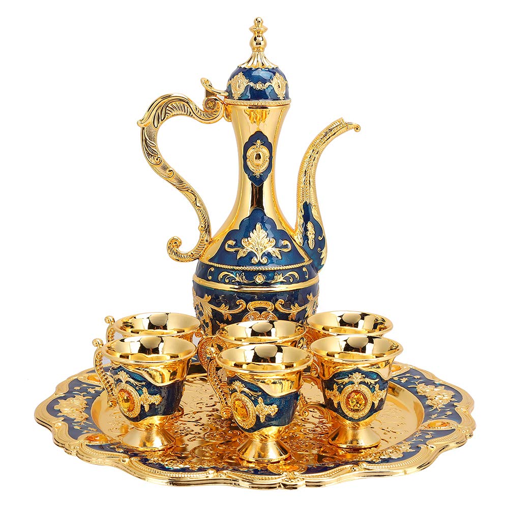 Vintage Turkish Coffee Pot Set 6 Tea Cups Small Metal Tea Set Tea Tray Teapot Tea Water Serving Set for Turkish Coffee, Arabic Coffees, Greek Coffees