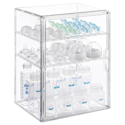 Onilife Baby Bottle Storage Organizer for Countertop Cabinet, 3 Tier Adjustable Bottles Station Container, Clear Acrylic Case Box with 2 Removable Dividers and Magnetic Door, Large