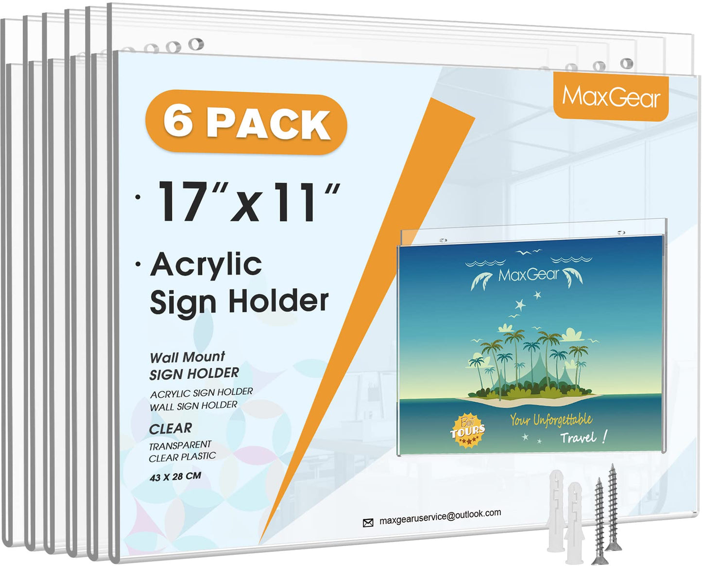 MaxGear Wall Mount Sign Holder 11 x 17 Inch, Clear Plastic Picture Frames Bonus with Mounting Screws, Door Sign Holders and Document Display Frame for Home, Office, Store, Landscape, 6 Pack