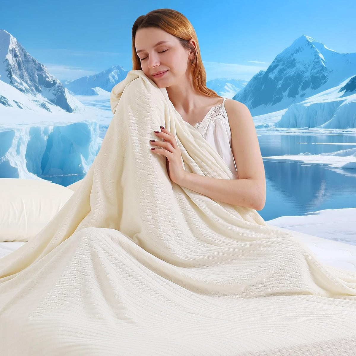 Marchpower Cooling Blanket Queen Size, Double-Sided Summer Blanket, Arc-Chill 3.0 Cold Blanket (Q-max > 0.5), Soft Chenille Throw, Breathable Cool Blanket for Hot Sleepers, Beige, 79" X 86"