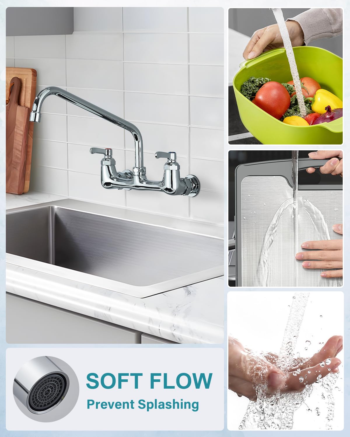 Gmusre Commercial Wall Mount Kitchen Faucet 8 Inch Center Kitchen Sink Faucet with 12 Inch Swivel Spout 2-Handle Faucets for Kitchen Home Restaurant,Chrome Polished