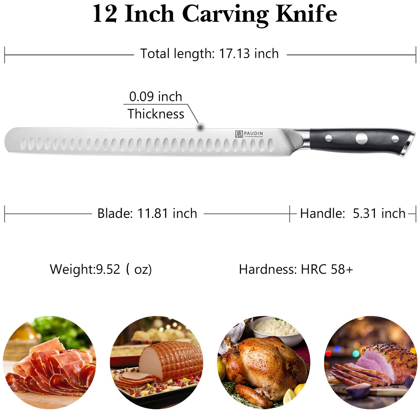 PAUDIN Carving Knife 12 Inch, Premium Brisket Knife, Full Tang Design with Granton Blade and Ergonomic G10 Handle, for Cutting Ham Roast Ribs Turkey, Ideal Gifts for Father's Day (Dishwasher Safe)