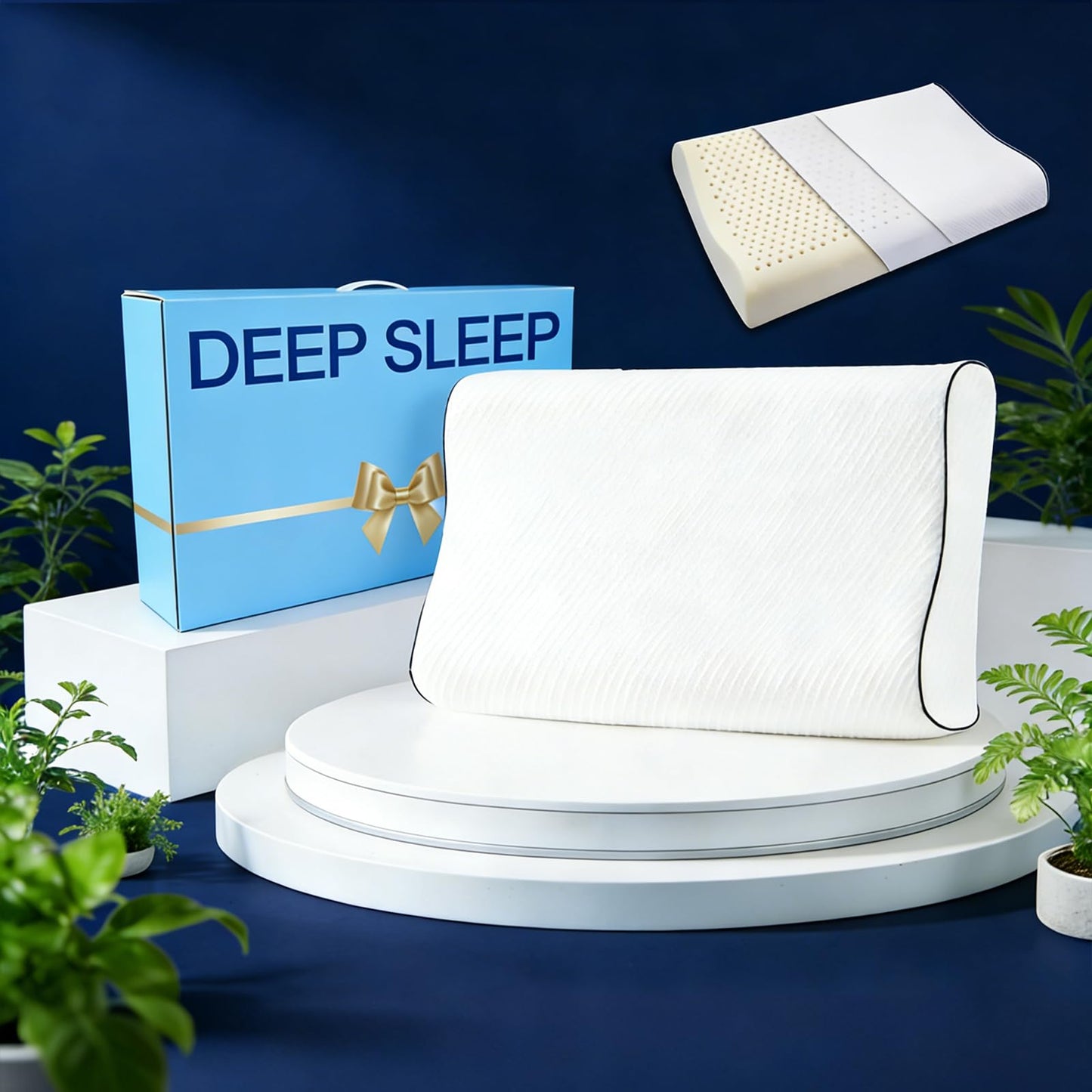 Natural Latex Pillow for Sleeping, Ergonomic Cervical Pillow for Neck Support, 90% Latex Core with Breathable Removable Washable Cover, Contour Bed Pillow for Side & Back Sleepers (White 40 * 60cm)