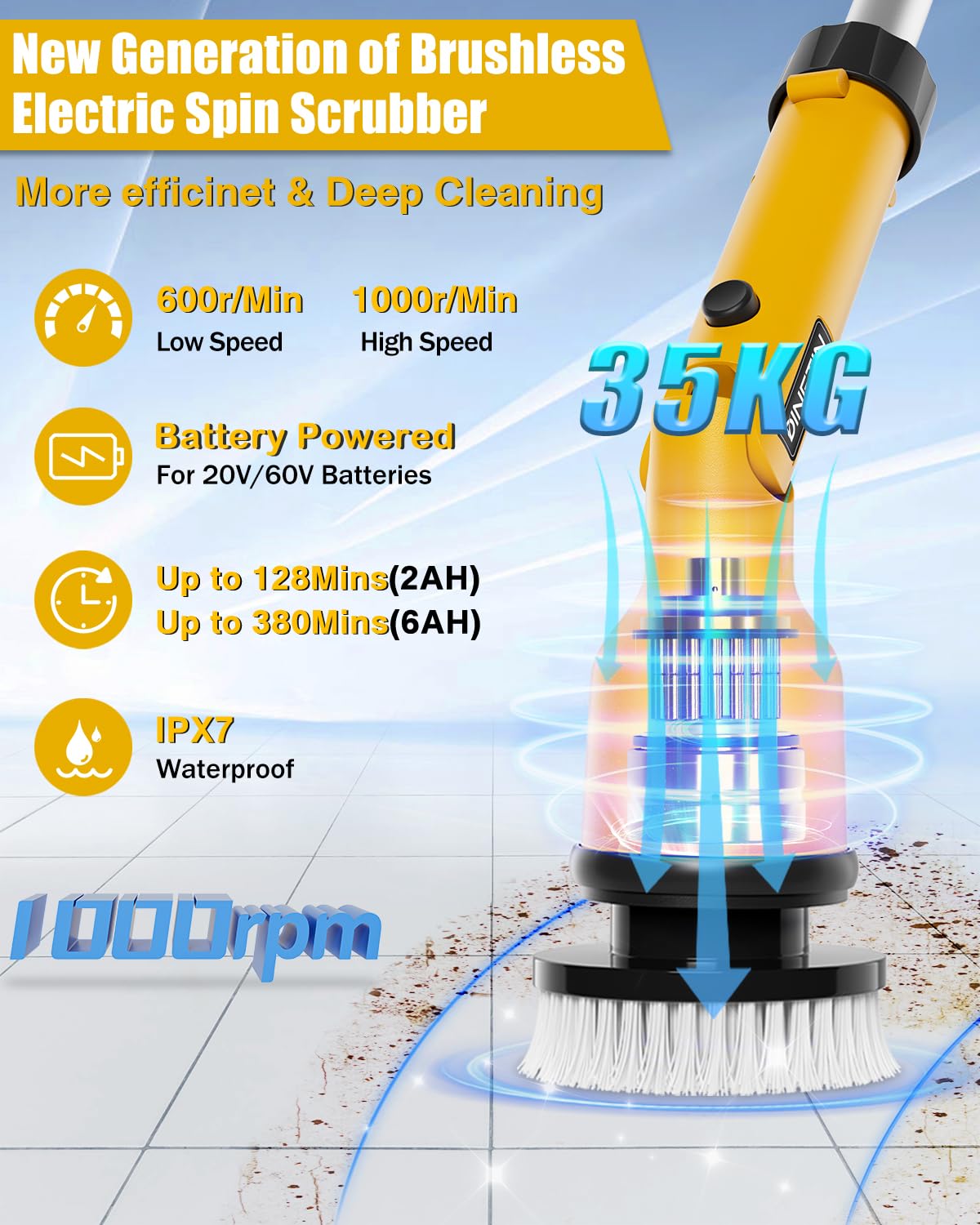 1000RPM Electric Spin Scrubber Compatible for DeWALT 20V Battery (No Battery), Cordless Cleaning Brush with Adjustable Extension Arm, 8 Replaceable Cleaning Heads, Gloves - for Bathroom/Tub/Tile