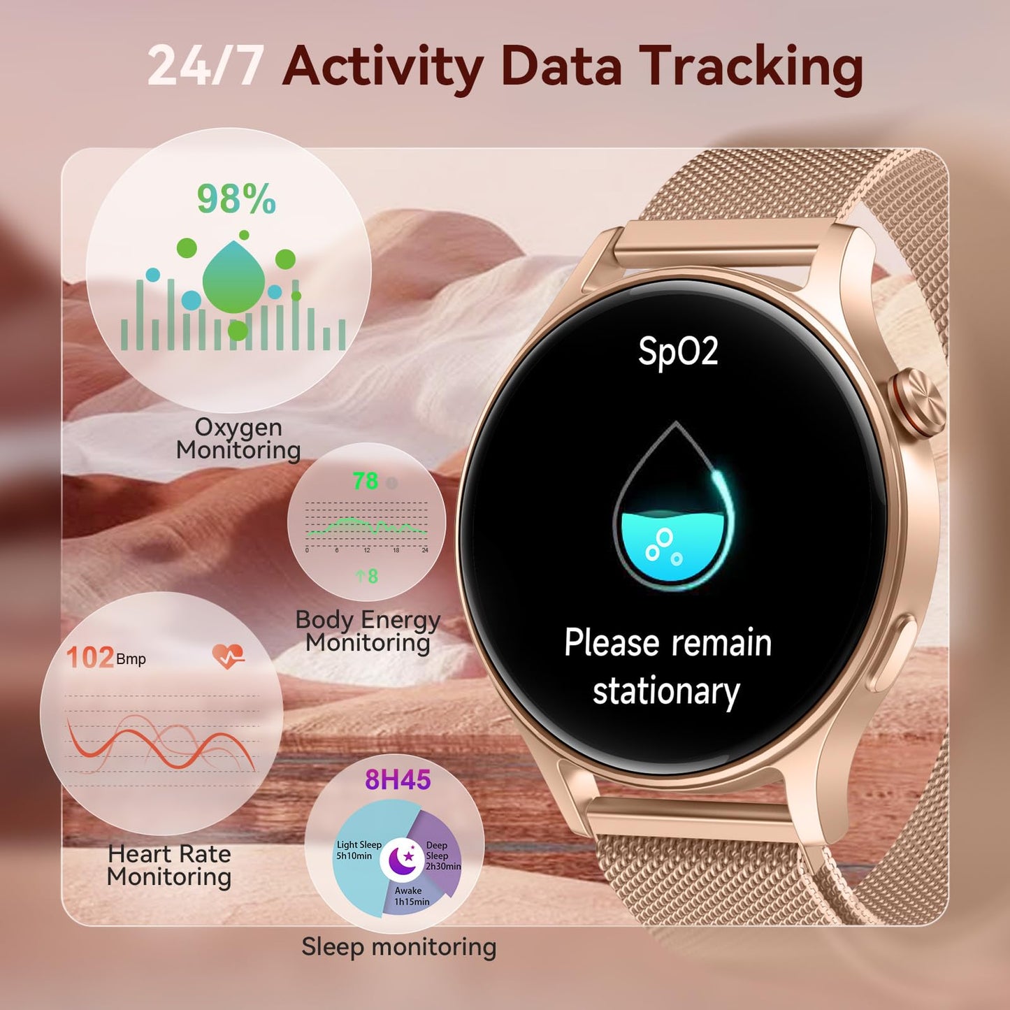 aeac Smart Watch for Women, AMOLED Ultra-Clear Screen Activity Trackers with Heart Rate/Sleep/SpO2 Monitor, Waterproof Fitness Smartwatch for iPhone/Samsung/Android（Gold）