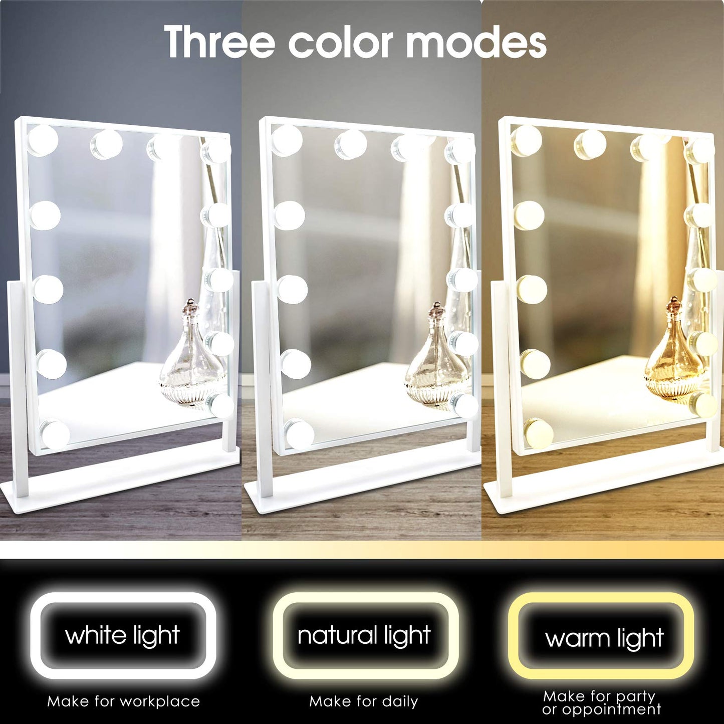 WEILY Hollywood Makeup Mirror with Lights, Large Lighted Vanity Mirror with 3 Color Light & 12 Dimmable Led Bulbs,Smart Lighted Touch Control Screen & 360 Degree Rotation(White)