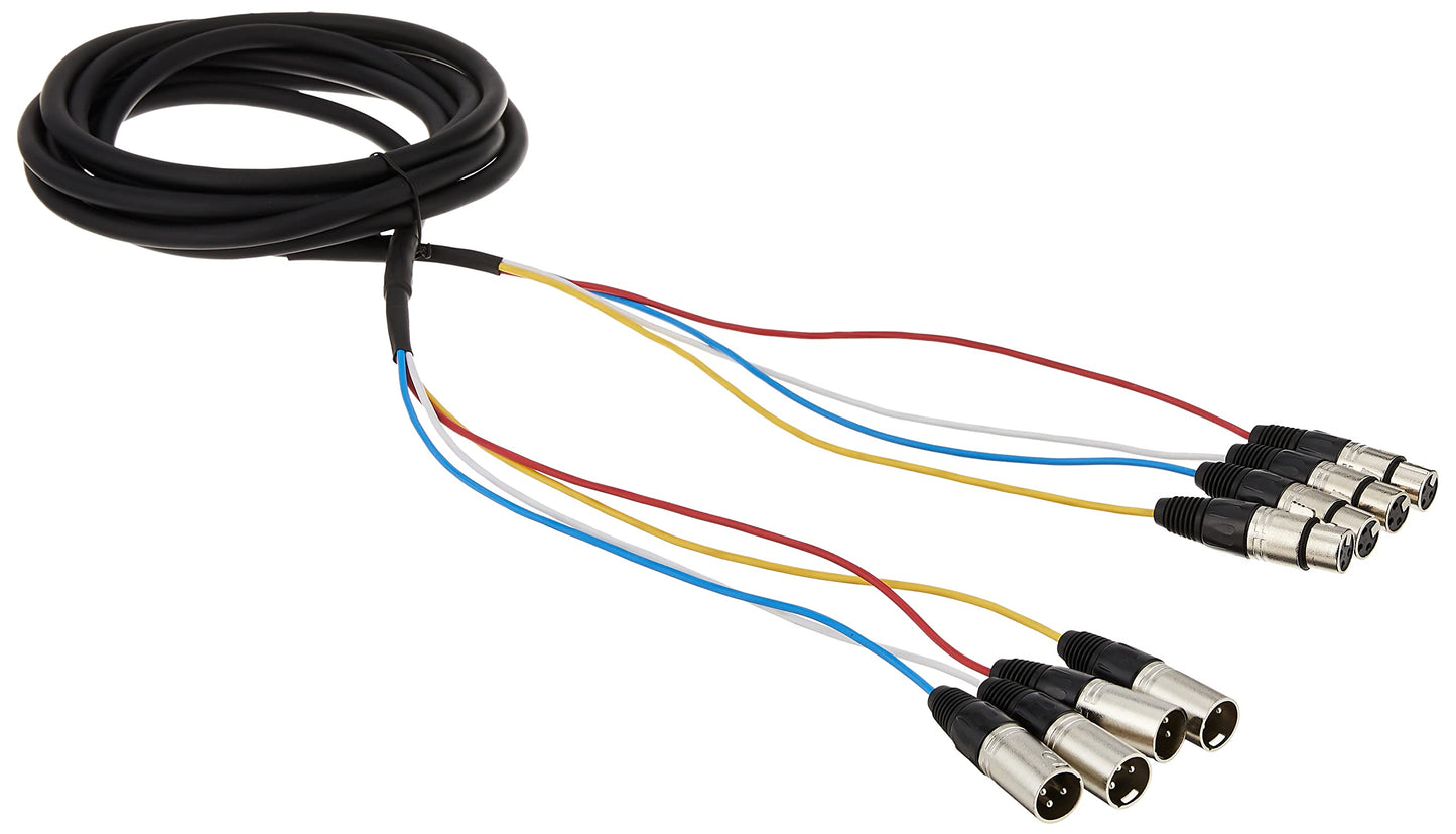 Monoprice 4-Channel XLR Male to XLR Female Snake Cable Cord - 15 Feet- Black/Silver With Metal Connector Housings Plastic And Rubber Cable Boots