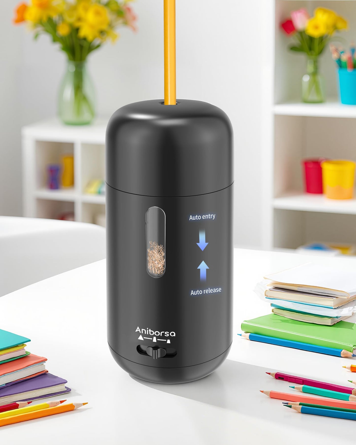 Aniborsa Automatic Electric Pencil Sharpener - Auto Feed, Auto Stop & Auto Eject for School, Office, Home, Black