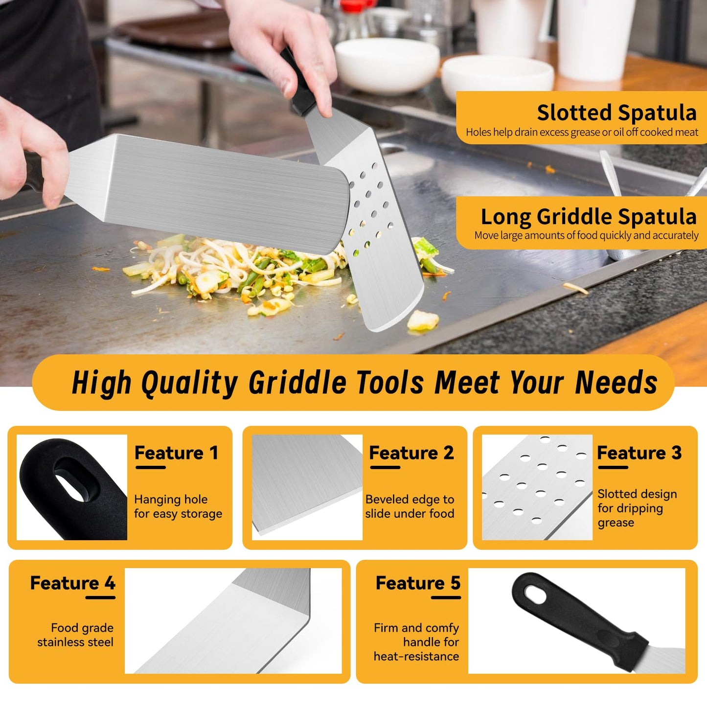 Onlyflame 26PCS Professional BBQ Griddle Tool Kit for Flat Top Grill Blackstone and Camp Chef - Stainless Steel Griddle Spatulas Accessories Kit with Basting Cover, Carry Bag and More Tools