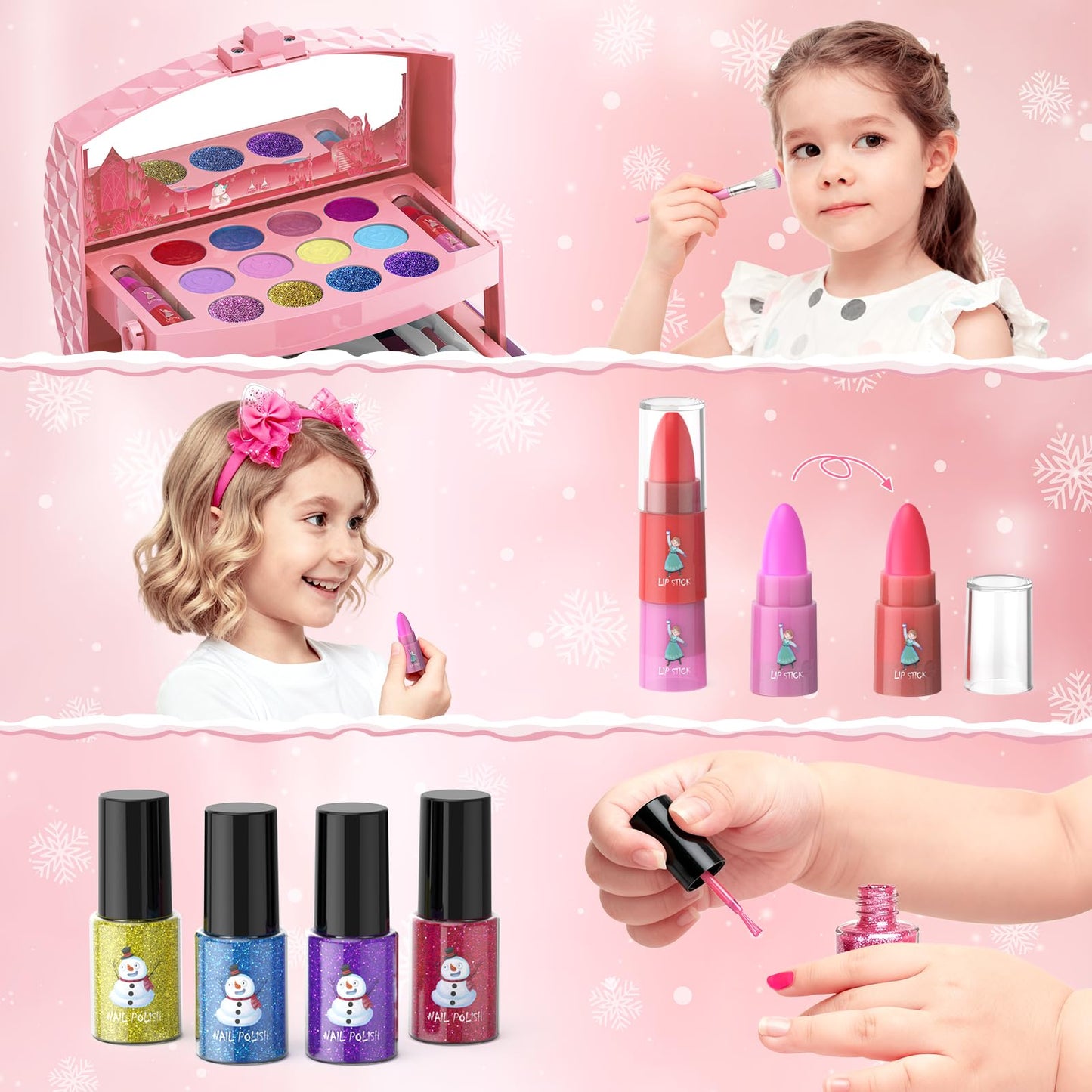 GirlsHome Kids Makeup Kit for Girls 56 Pcs Washable Real Cosmetic, Non-Toxic Frozen Toys Toddler Makeup Kit, Frozen Princess Dress up Kit Christmas & Birthday Girl Gift for 3-12 (Frozen Pink)