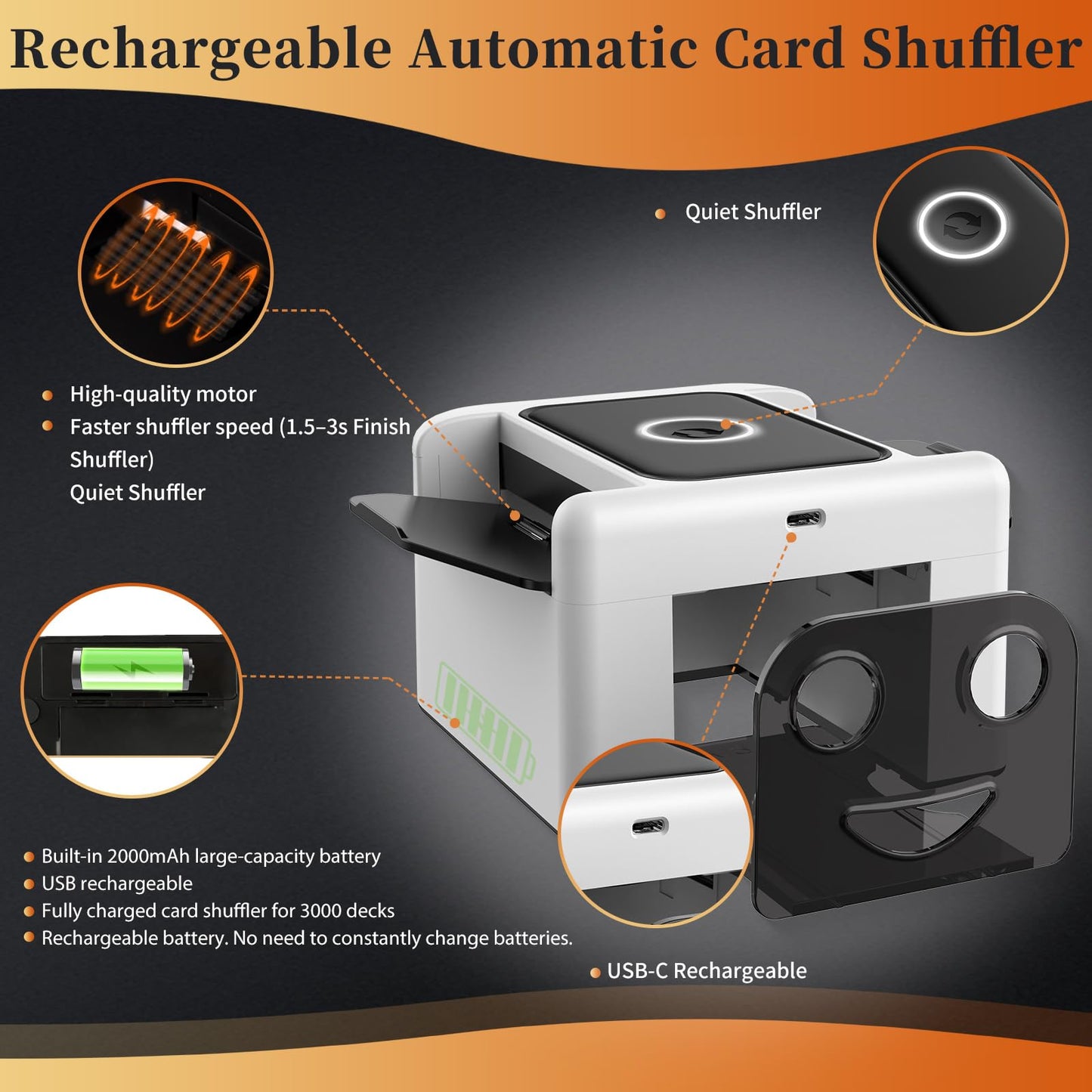 M5 Automatic Card Shuffler Rechargeable 1-2 Deck for UNO Poker Blackjack Skip-Bo etc Card, Low Noise Fast Shuffle, One-Press Auto Electric Shuffling Machine, 2000 mAh USB Charge Card Shuffler (White)