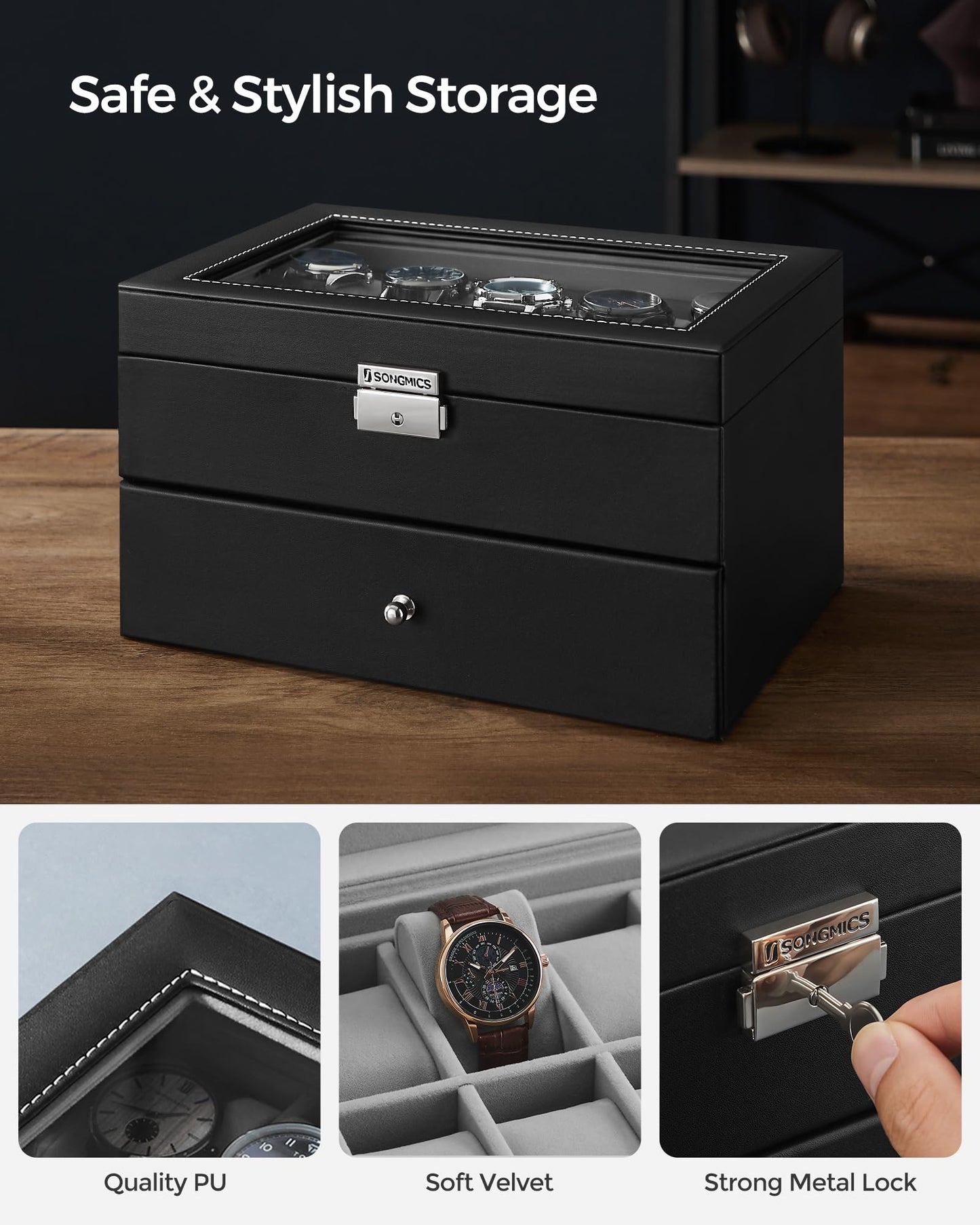 SONGMICS Watch Box, 20-Slot Watch Case Organizer with Large Glass Lid, Black Synthetic Leather, Gray Lining UJWB006V1