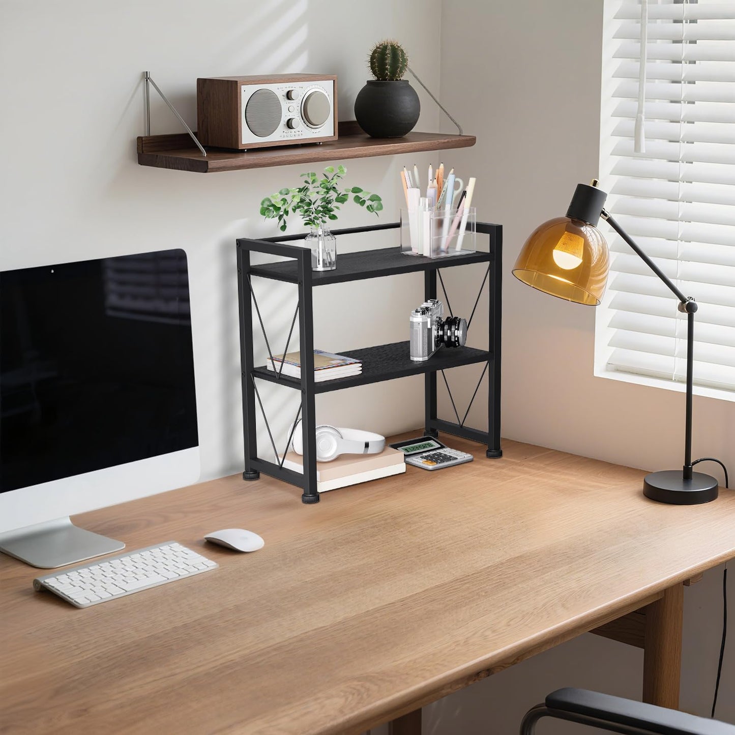 VSIWB Desktop Organizer Shelf, 2 Tiers Desk Organizers and Storage, Countertop Organizer Desktop Bookshelf, Metal and Wooden Desk Storage Shelf, Desk Shelf for Home Office Coffee Bar Bedroom Kitchen