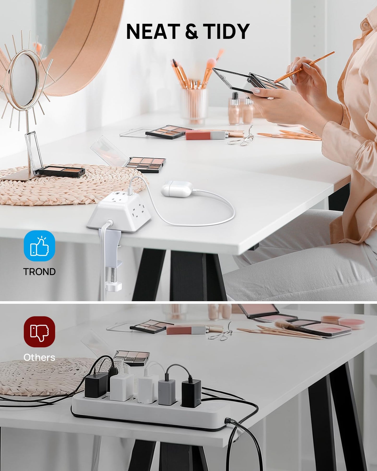 TROND Desk Clamp Power Bar Surge Protector with USB C Ports, Power Strip Charging Station with 5 Outlets, 6ft Slim Flat Plug Extension Cord Indoor, Fit 1.97" Tabletop Edge for Home Office Dorm, White