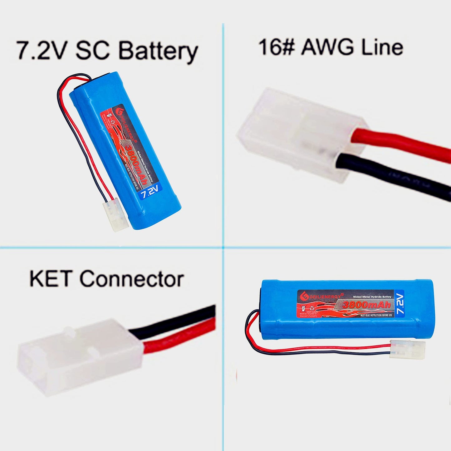 GEILIENERGY 7.2V RC Battery Pack(1 Pack) 3800mAh High Capacity 6-Cell NiMH Flat Battery Pack w/Standard Tamiya Connector+7.2V Smart Charger(1 PCS)