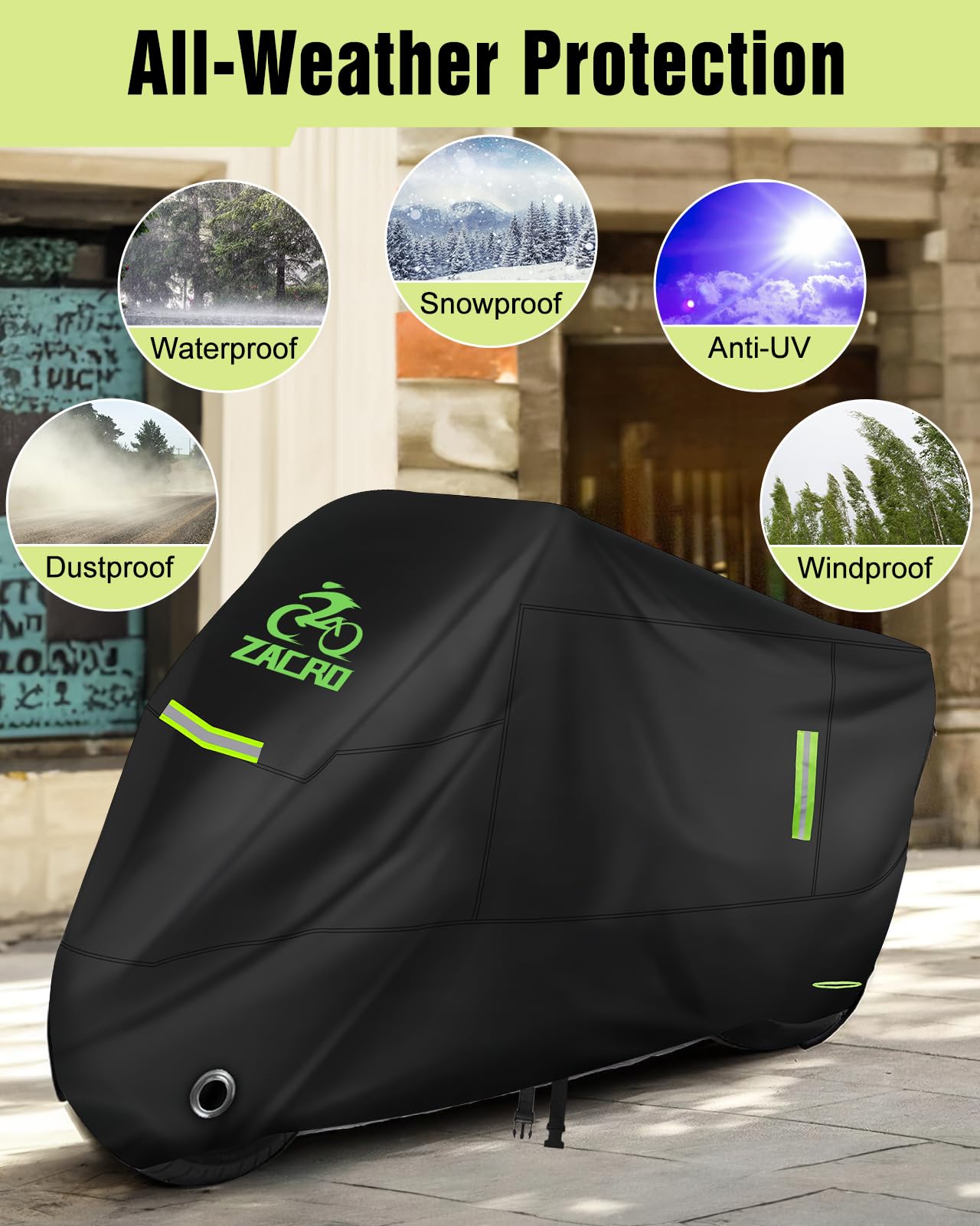 Zacro Motorcycle Cover Waterproof Outdoor,All Weather 3000M Waterproof Protection,420D Heavy Duty Material Tear Proof Sun&Moped,Cover with Reflective Strips,Lock-Hole,Storage Bag,Fits up to 96.5"