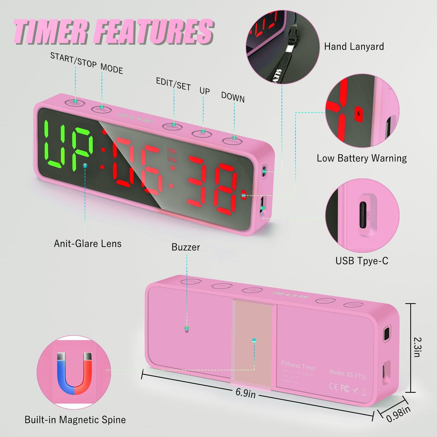 Small Gym Timer Clock Stopwatch Magnetic Workout Interval Timer, Large LED Digital Display, Home Accessories Countdown Clock for Home Gym Garage Schools (Matte Pink)