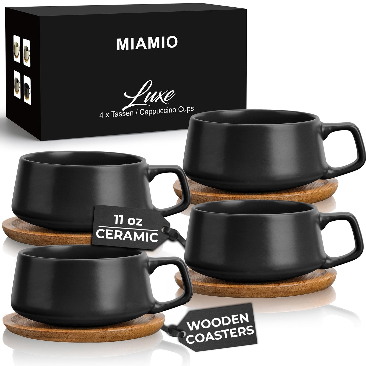 MIAMIO – 320 ml., Set of 4 Ceramic Tea Cup and Saucer Bamboo/Tea Mug - Wide Cappuccino Cup, Coffee Cups Ceramic Mug for Cappuccino, Latte, Espresso & Americano - Luxe Collection (Black)