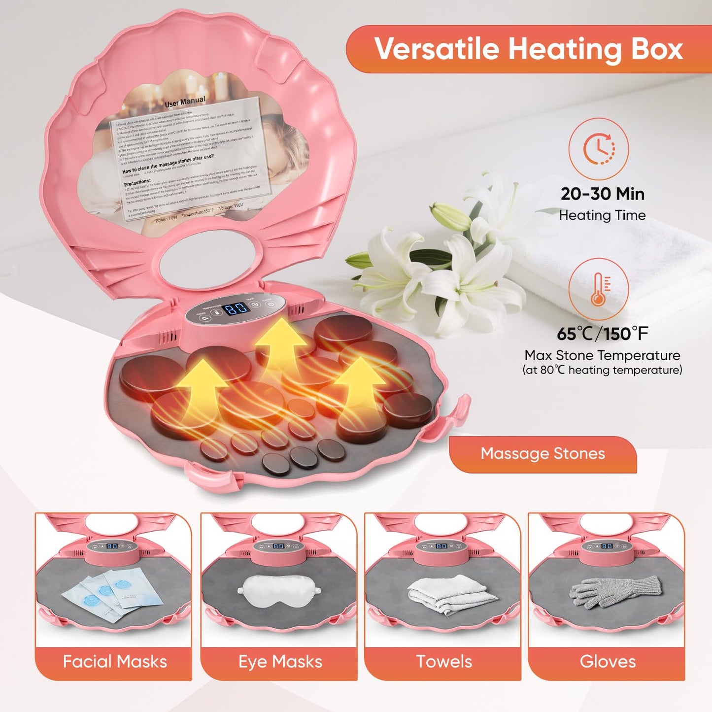 20PCS Hot Stones Massage Set, Hot Stones Massage Warmer Kit, Portable Massage Stones Basalt Hot Rocks Massage Stone for Professional or Home SPA, Therapy Relaxing, Healing, Pain Relief(Pink)