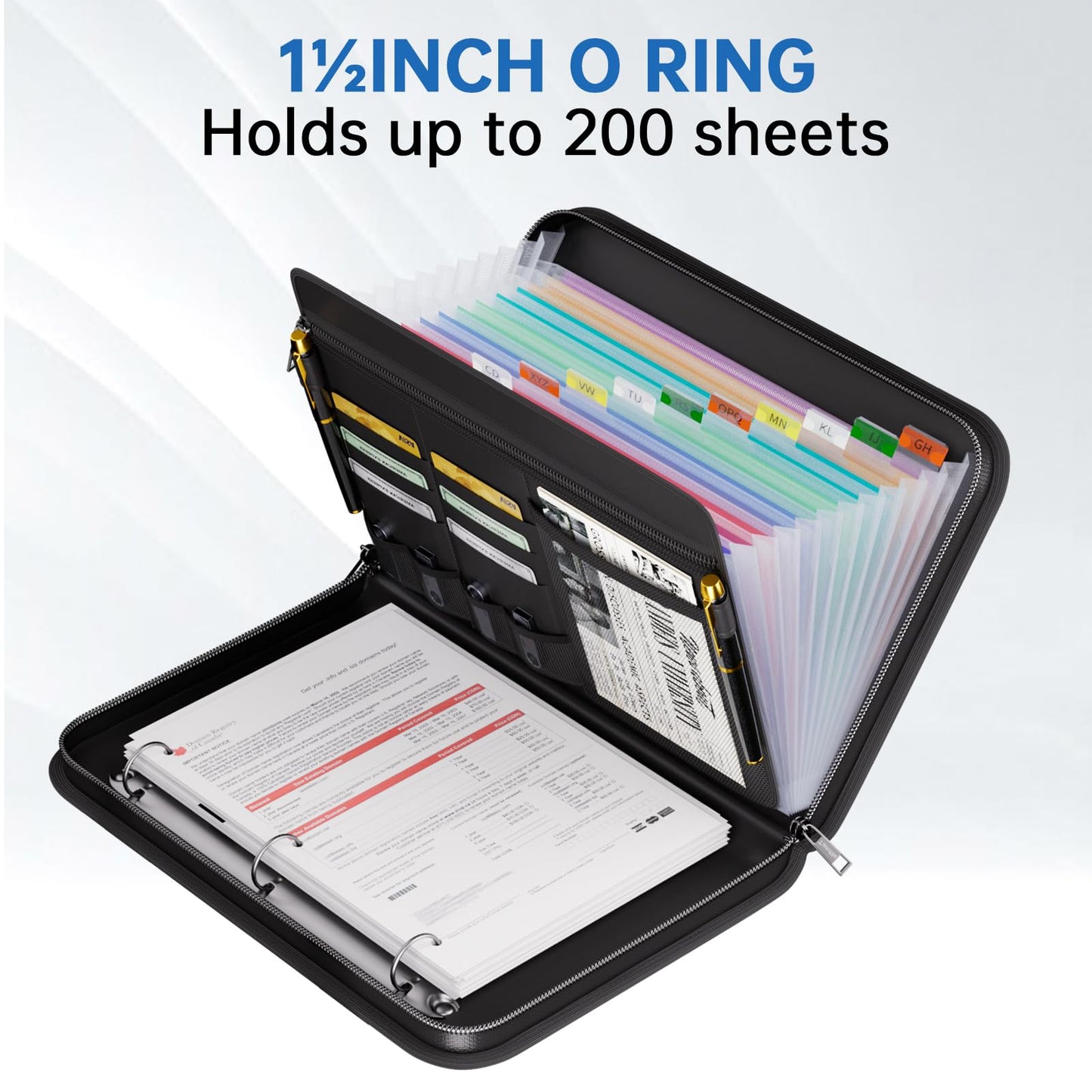 Tamfile Fireproof Accordion File Folder with Handle, Expanding File Folder with 13 Pockets Zipper and Labels, File Folder with 3 Rings, Multiple Pockets, Paper Organizer for A4 Folder