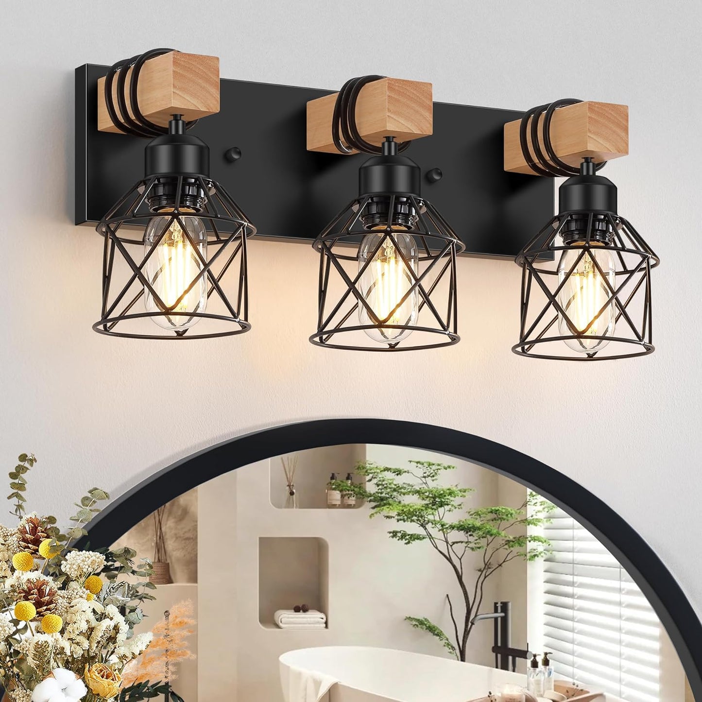 3-Light Wood Bathroom Vanity Light Fixtures Over Mirror,Wood Bathroom Vanity Lights for Bathroom, Industrial Black Vanity Light with Metal Lampshade for Bedroom Hallway Living Room
