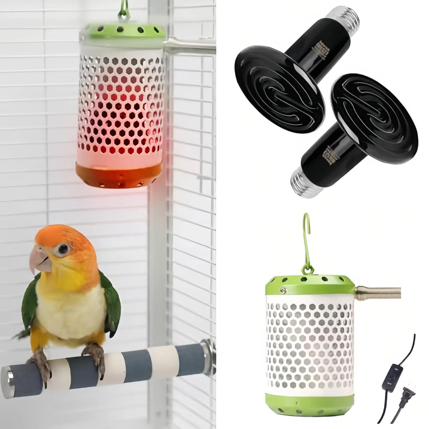 MANON ROSA Bird Cage Heater Lamp for Parakeets Parrots Reptiles Lizards Rabbits Turtle Snakes Frog Chicks - Includes 2 Bulbs (50W &100W E27 110V) - Pet Winter Warm Equipment