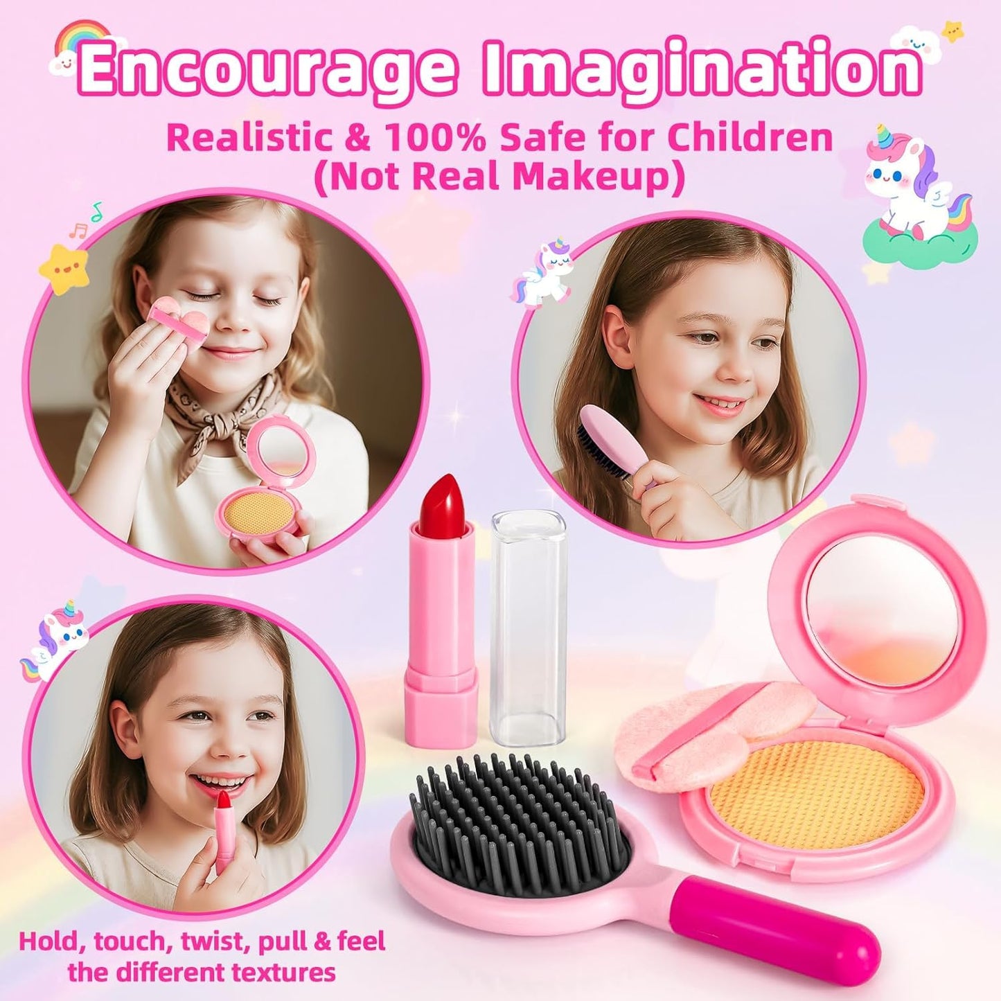 Hohosunlar Play Purse for Little Girls Toddlers, Kids Handbag w/ Pretend Makeup, DIY Unicorn Water Bottle, Toy Phone, Watch, Wallet Cards Stickers, Princess Christmas Birthday Gift Toy for Girls 3-12