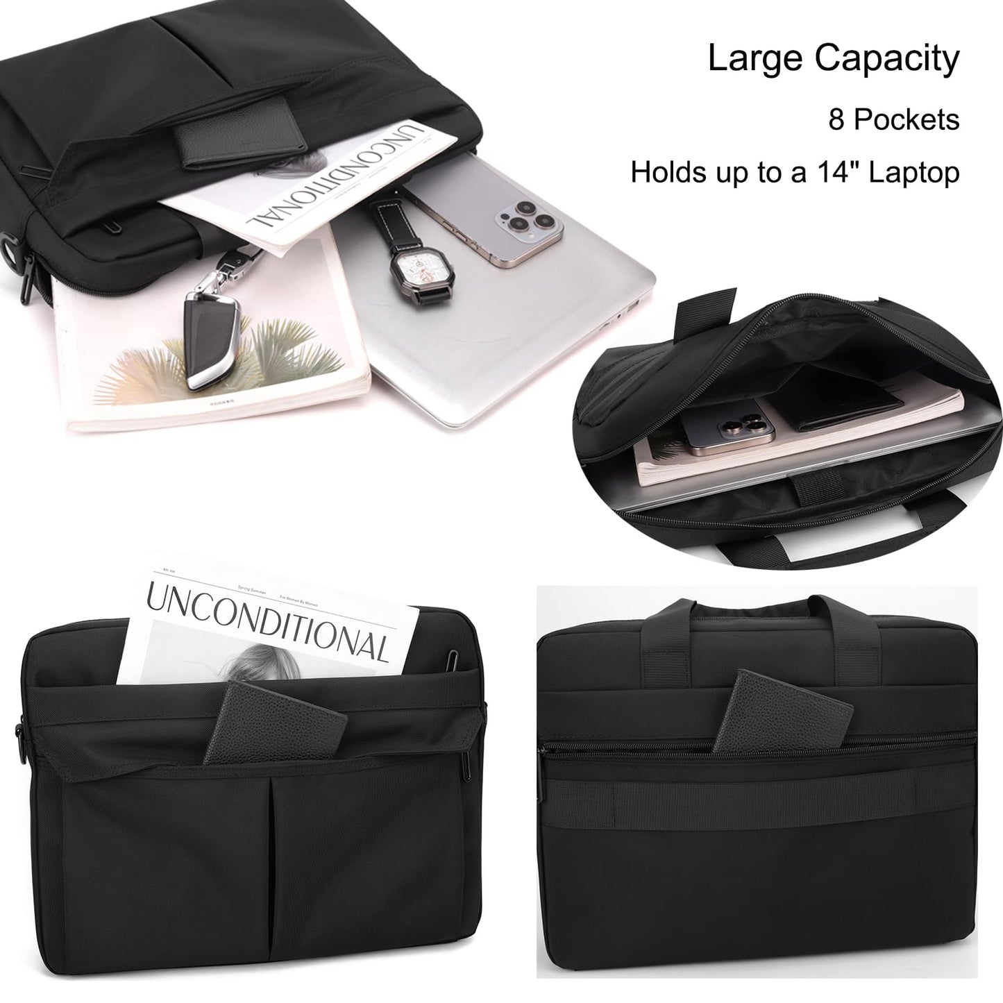Laptop Bag 14 Inch Briefcase for Men Women Waterproof Nylon Lightweight Compact, Shoulder Messenger Handbag for Business Office Work Travel College Black