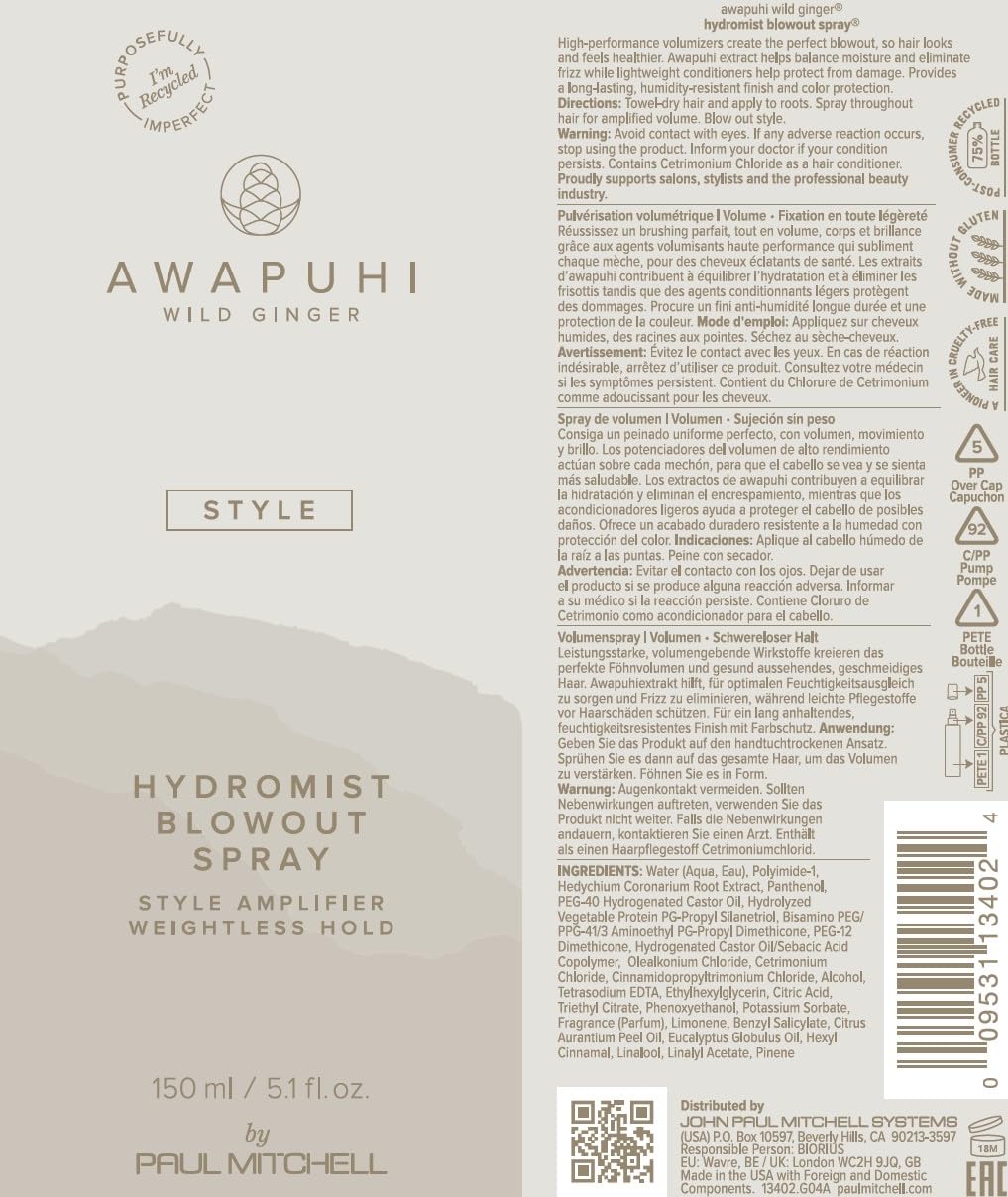 Awapuhi Wild Ginger by Paul Mitchell HydroMist Blowout Spray, Style Amplifier, Weightless Hold, For All Hair Types