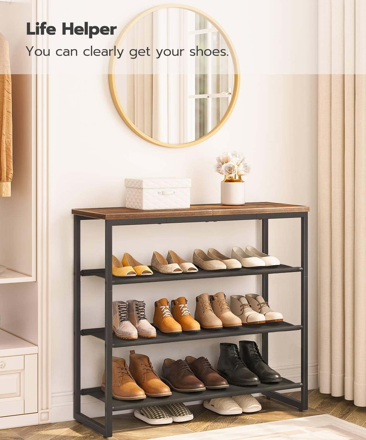 HOOBRO Shoe Rack, 4 Tier Shoe Storage Organizer, Shoe Shelf with 3 Oxford Fabric Shelves and Top Panel, Holds 12-16 Pairs of Shoes, for Entryway, Closet, Steel Frame, Rustic Brown BF47XJ01G1