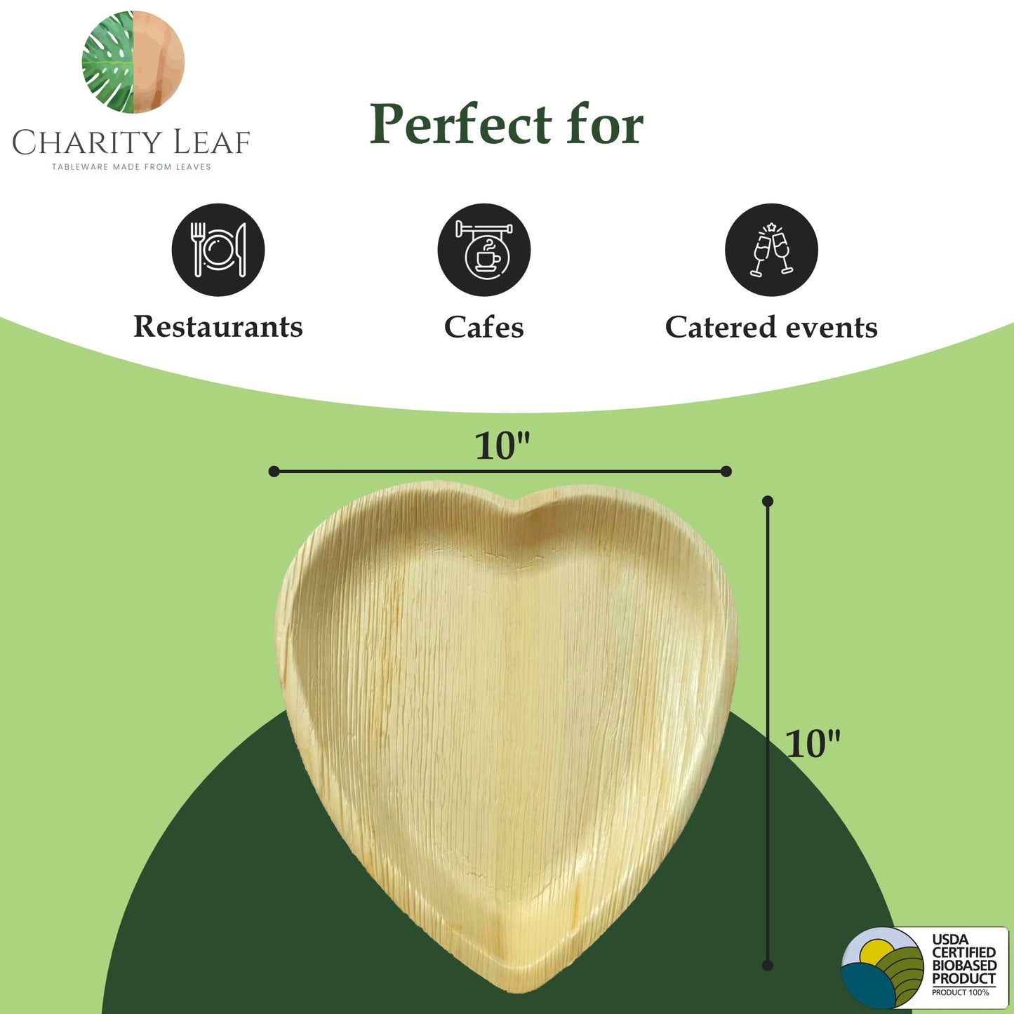 Charity Leaf Disposable Palm Leaf 10" Heart Plates (25 pieces) Bamboo Like Serving Platters, Disposable Boards, Eco-Friendly Dinnerware For Weddings, Catering, Events
